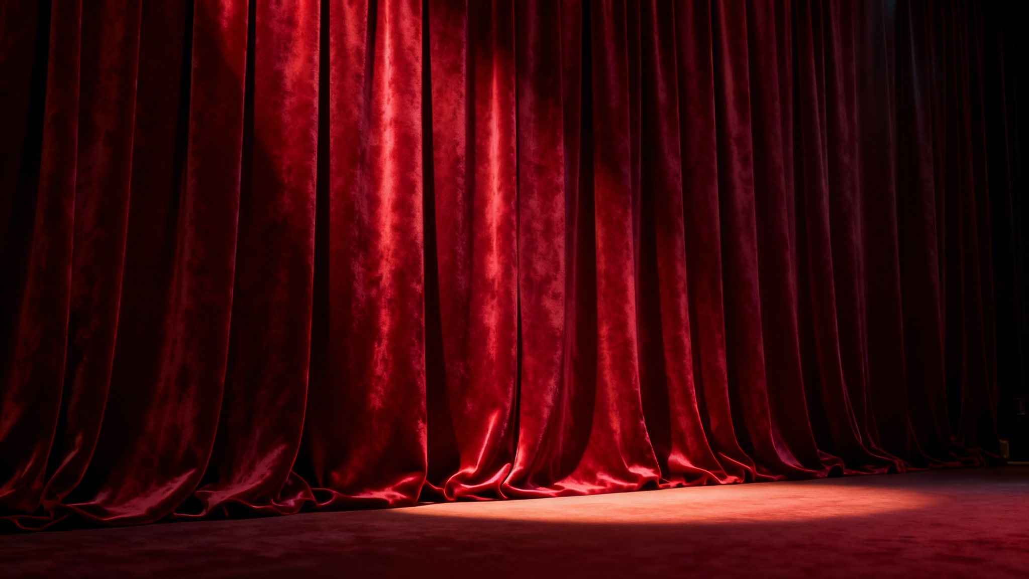 A close-up shot of a luxurious deep red velvet curtain hanging in soft folds, creating an elegant and dramatic background.