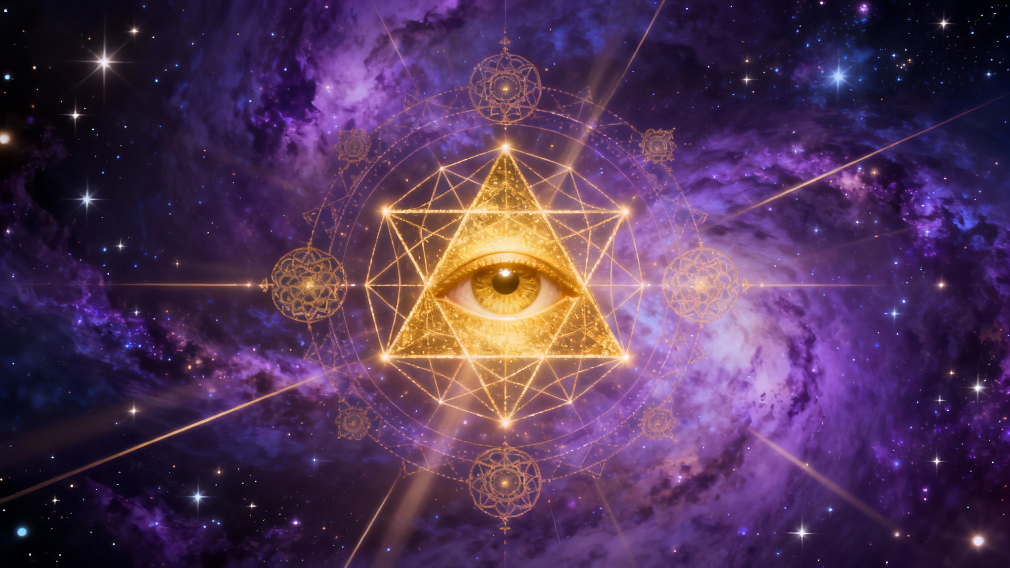 An eye-catching digital artwork in a mystical style. At the center is a glowing all-seeing eye, surrounded by intricate golden lines forming sacred geometry patterns against a dark cosmic background of stars and nebulae.