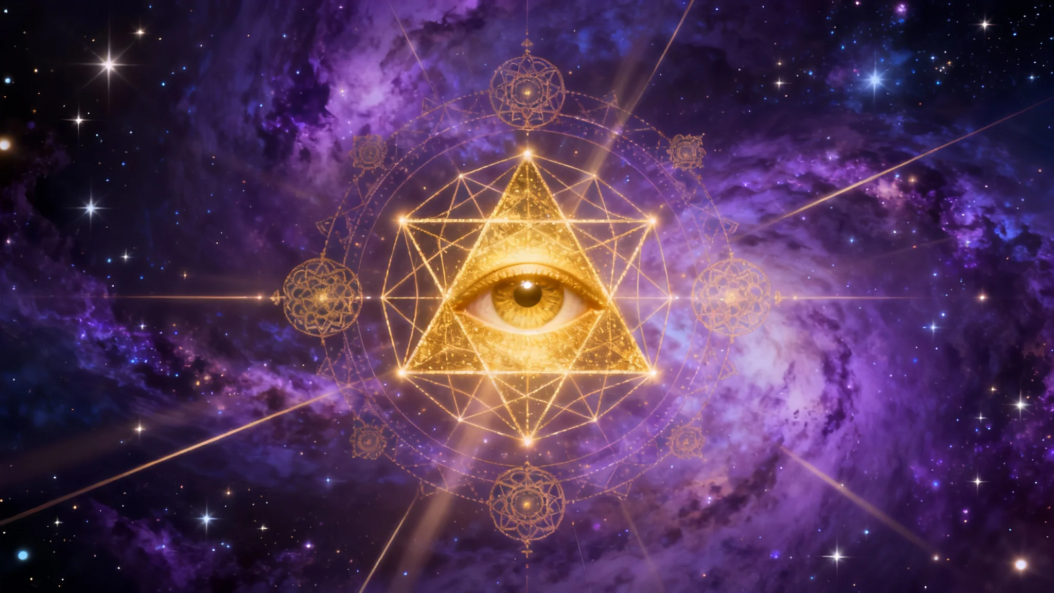 An eye-catching digital artwork in a mystical style. At the center is a glowing all-seeing eye, surrounded by intricate golden lines forming sacred geometry patterns against a dark cosmic background of stars and nebulae.