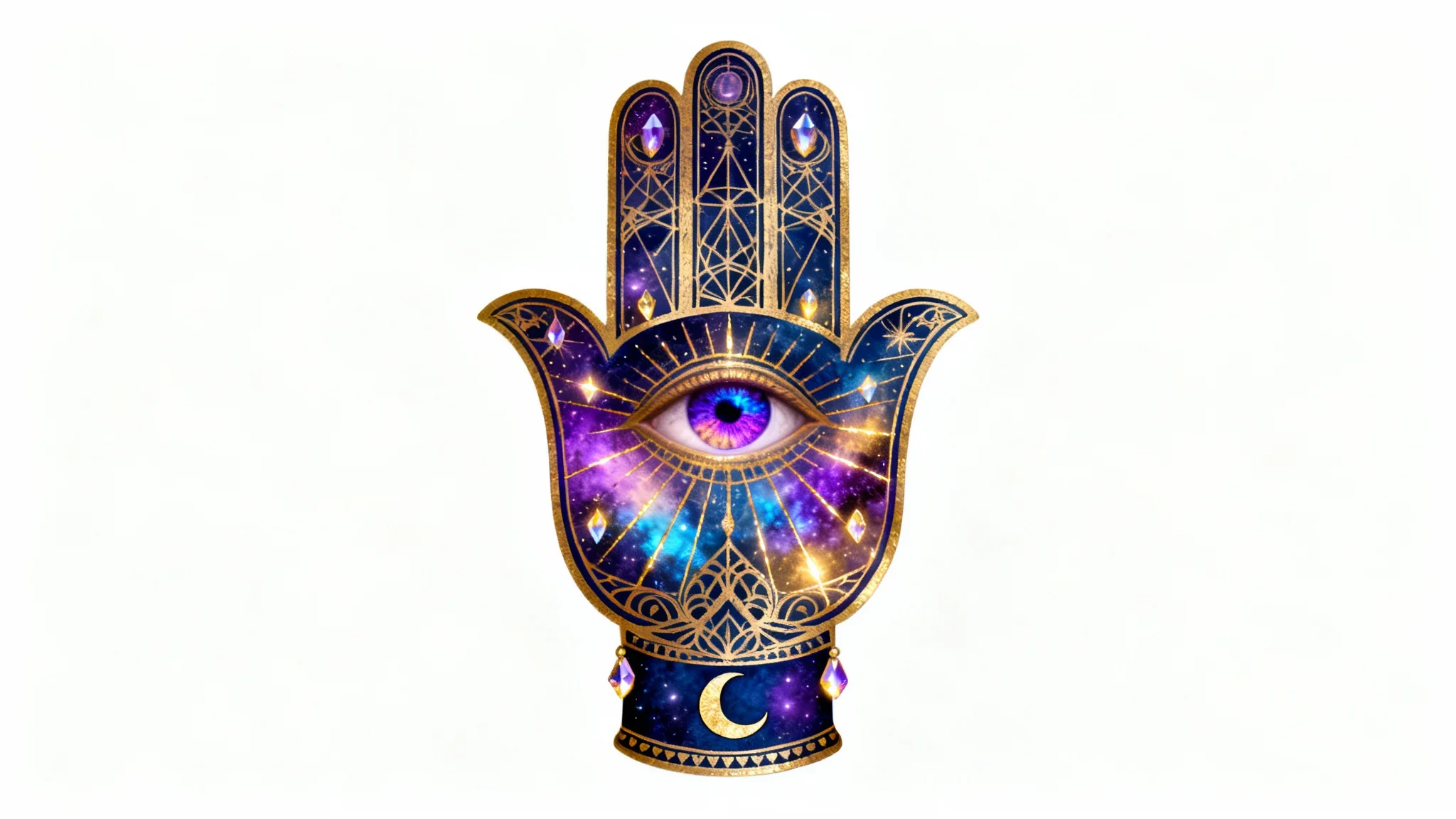 A piece of mysticism art depicting a detailed Hamsa hand with an all-seeing eye in its palm, surrounded by celestial patterns and golden light, presented on a white background.