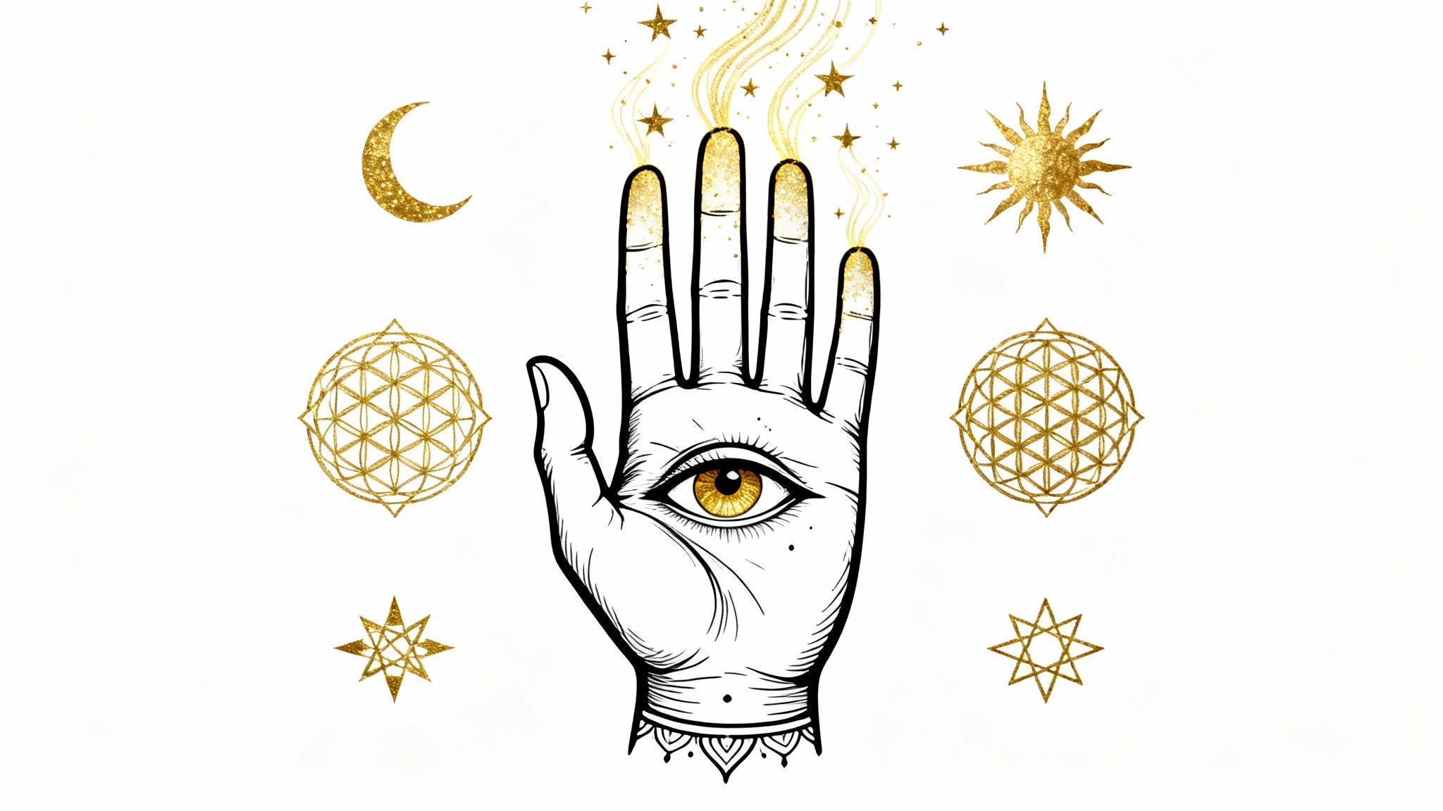 An elegant digital illustration of a hand with an all-seeing eye in its palm, surrounded by golden celestial and sacred geometry symbols, representing mysticism art.