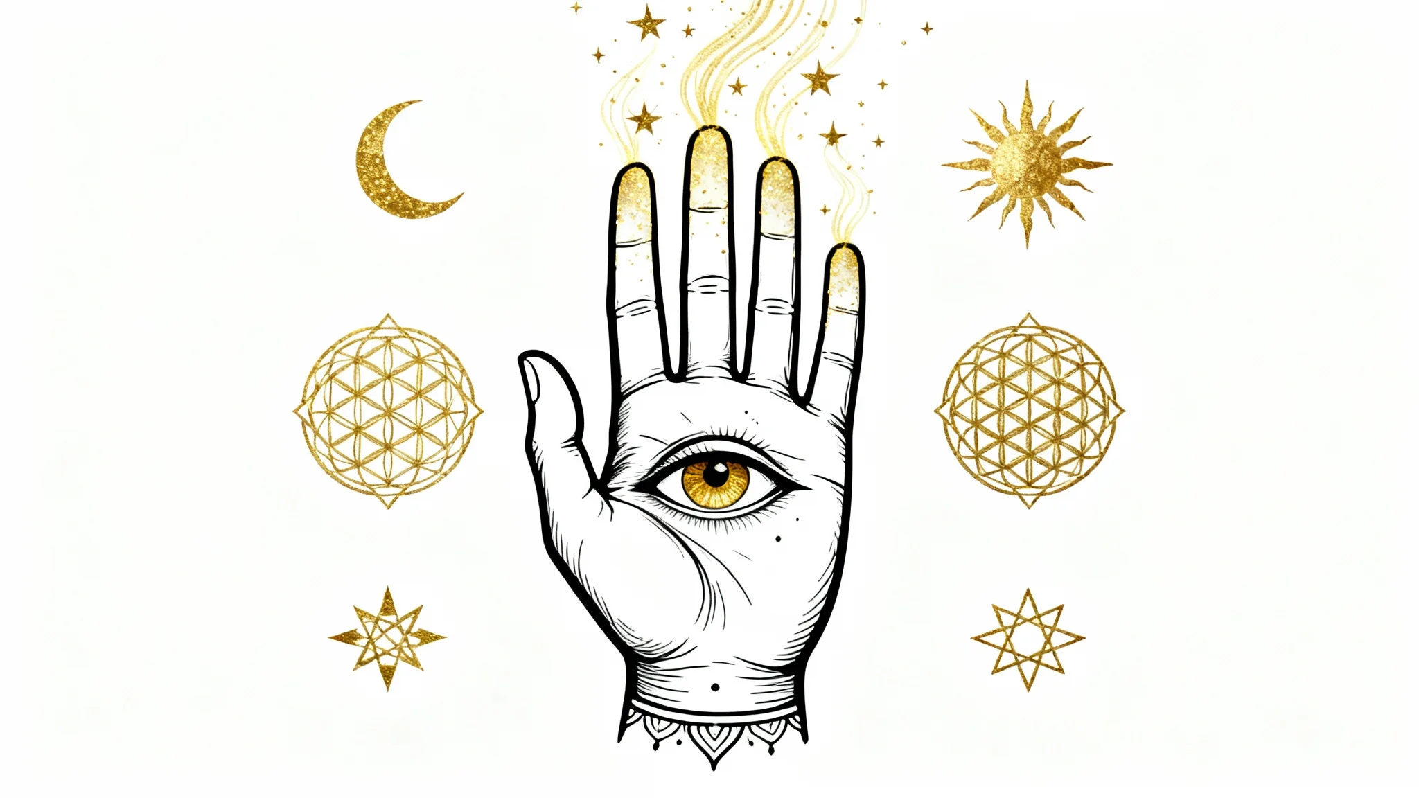 An elegant digital illustration of a hand with an all-seeing eye in its palm, surrounded by golden celestial and sacred geometry symbols, representing mysticism art.