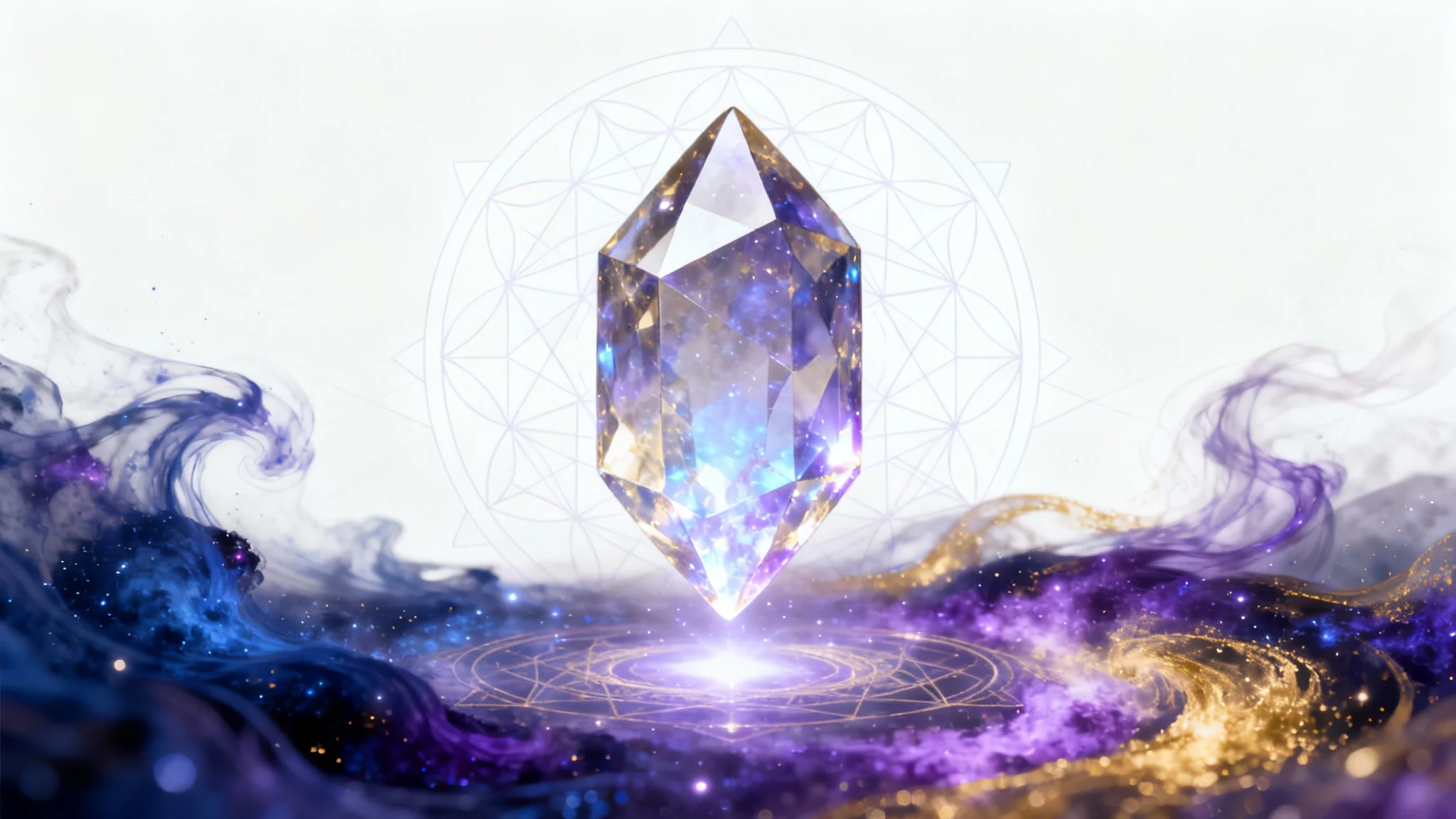 A vibrant digital artwork of a glowing geometric crystal surrounded by purple and gold cosmic energy and sacred geometry patterns, all on a clean white background, representing mysticism.
