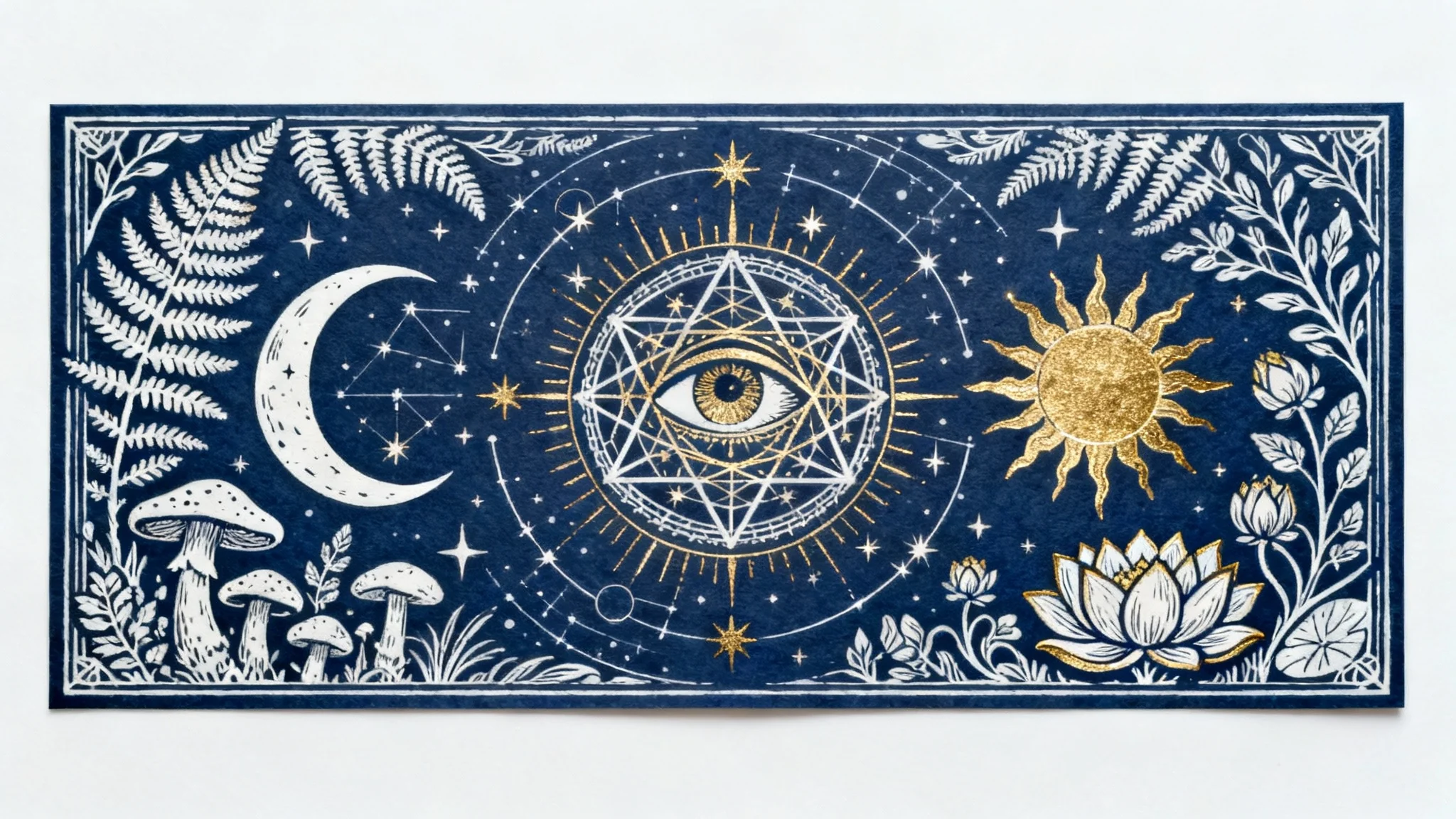 A detailed piece of mysticism art presented on a white background. The artwork features a central all-seeing eye surrounded by a sun, moon, sacred geometry, and botanical illustrations in a white and gold design on a dark blue canvas.