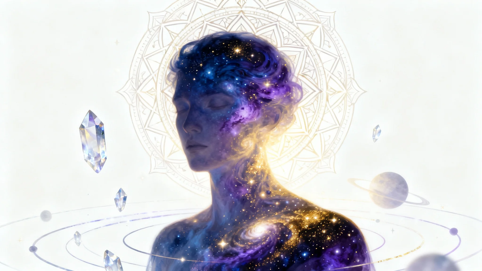 A mystical digital painting featuring a celestial figure made of a nebula, set against a glowing mandala with sacred geometry. The artwork is displayed as a mockup on a white background.