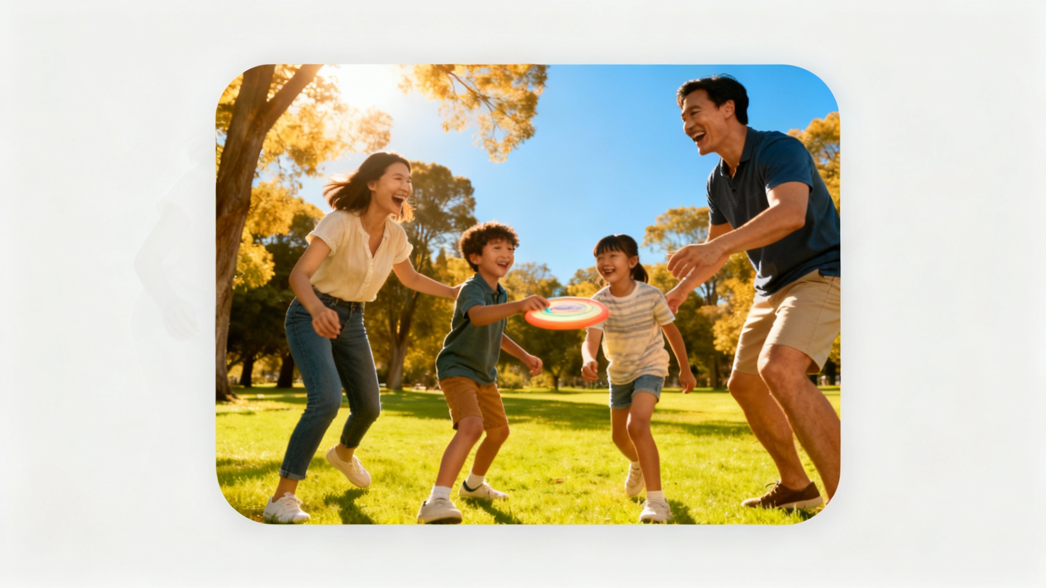 A demonstration of an image crop tool, showing a vibrant photo of a family at a picnic that has been cropped with rounded corners. The parts of the original image that were cropped out are visible but faded in the background.