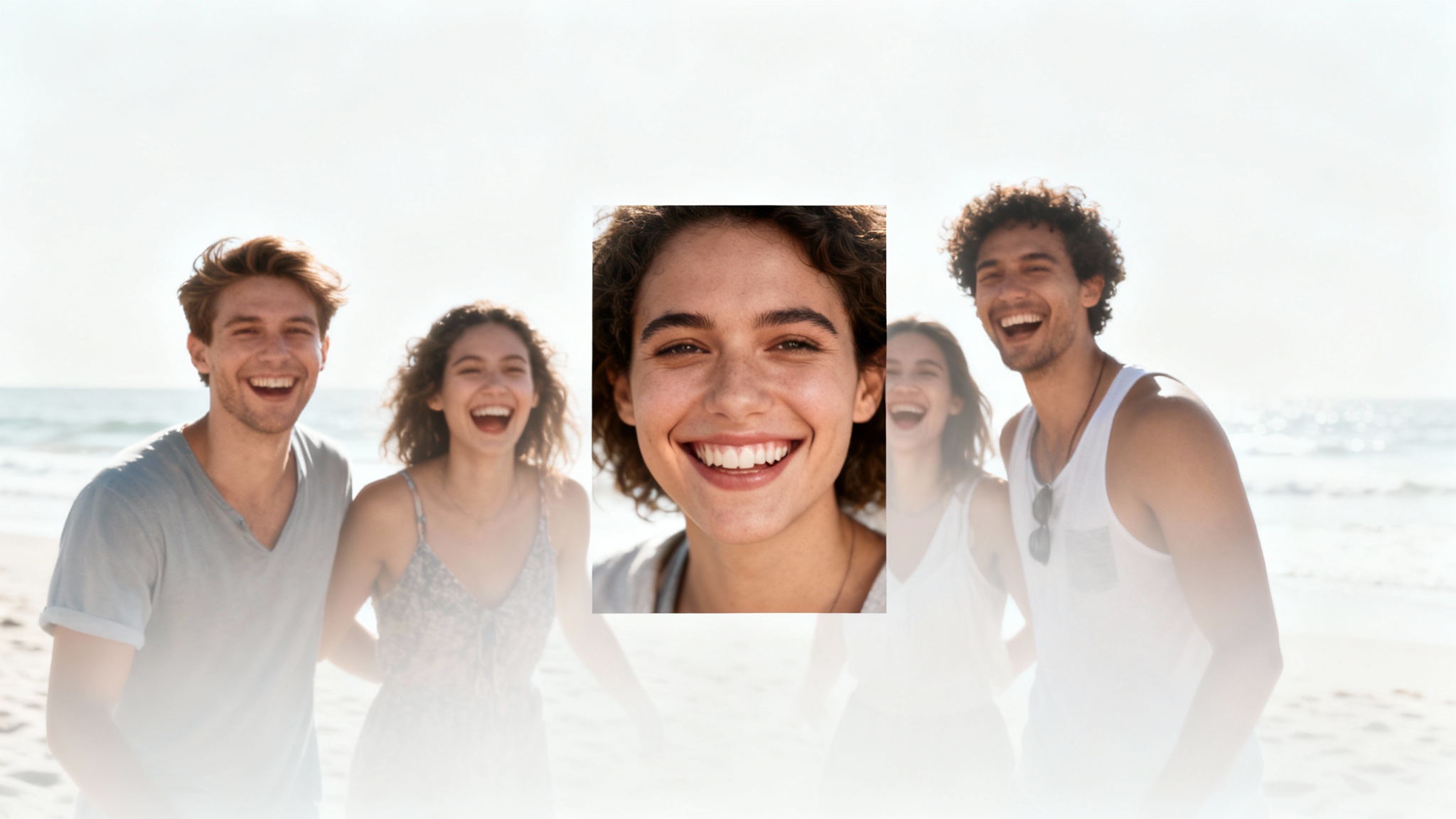 A conceptual image demonstrating the crop function, showing a photo of friends on a beach where only one person's face is in sharp focus within a rectangle, while the rest of the image is blurred and faded.