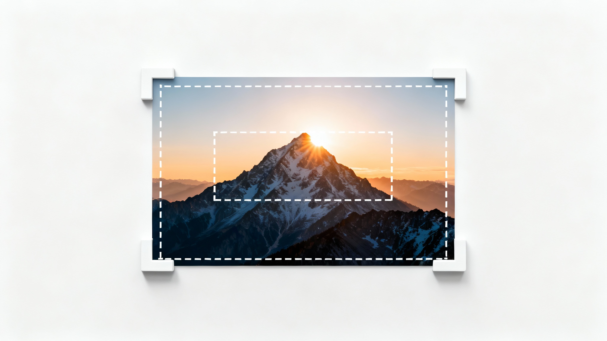 A conceptual mockup showing an image of a mountain landscape with a digital crop tool frame overlaid, highlighting a single peak to be cropped.