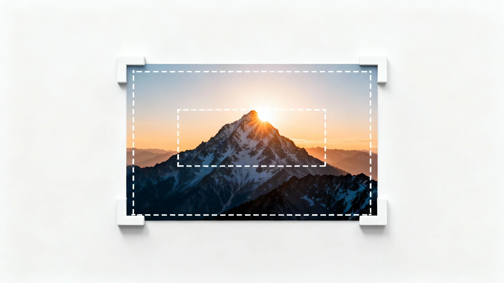 A conceptual mockup showing an image of a mountain landscape with a digital crop tool frame overlaid, highlighting a single peak to be cropped.