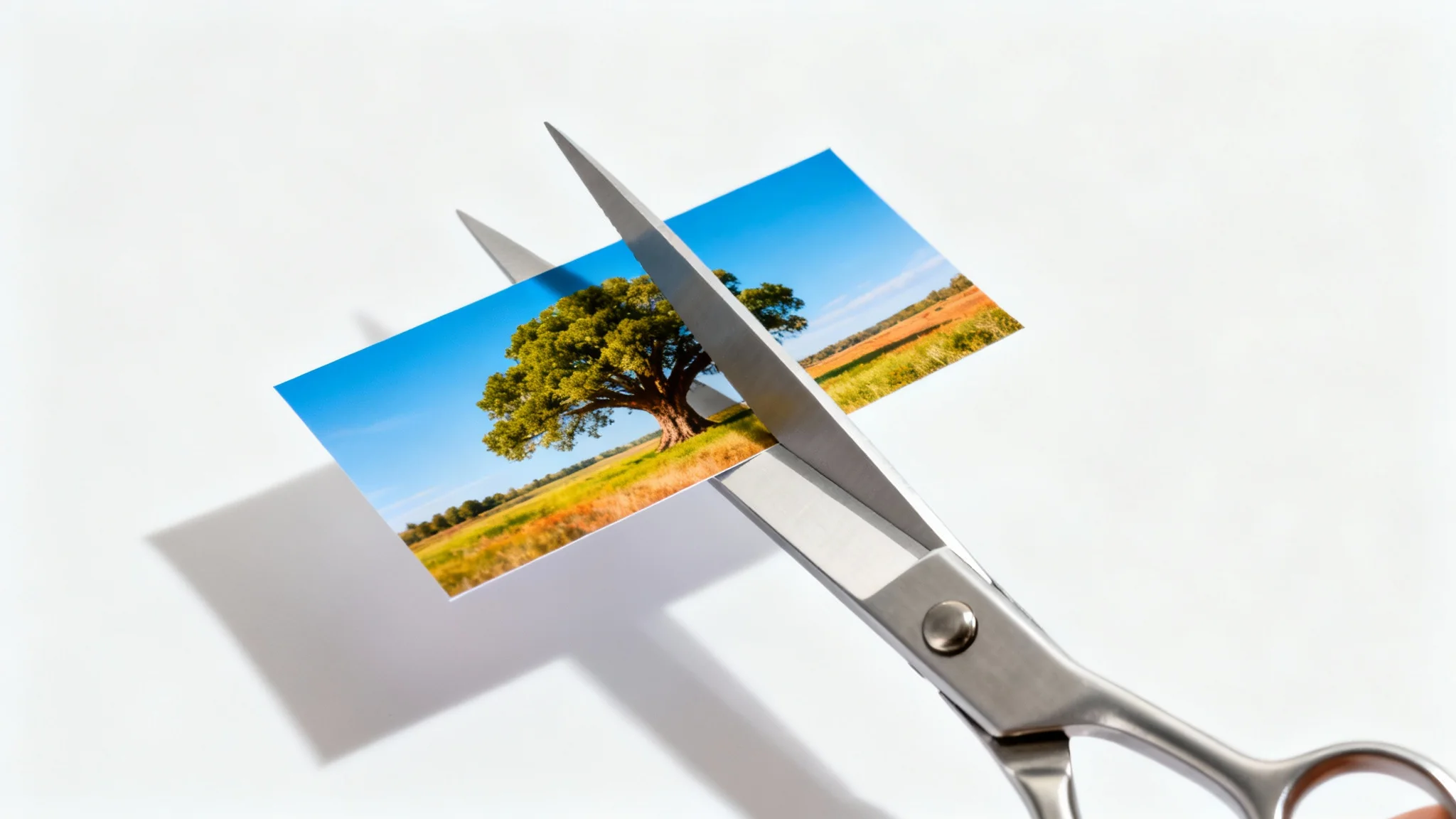 A conceptual photo illustrating the crop image tool, showing a pair of sleek scissors trimming a photograph of a tree to frame it better, all against a plain white background.