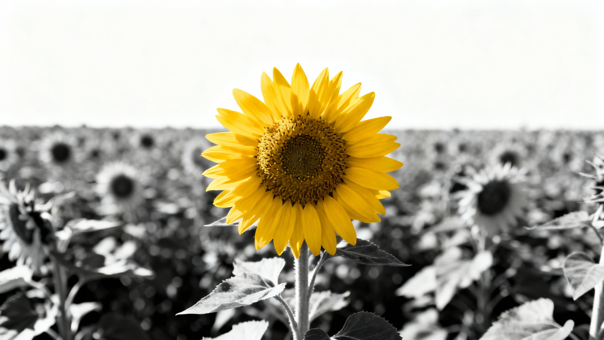A conceptual image representing cropping, featuring a single, brightly colored and detailed sunflower in the center, while the surrounding field is blurred and in black and white to emphasize the focal point.