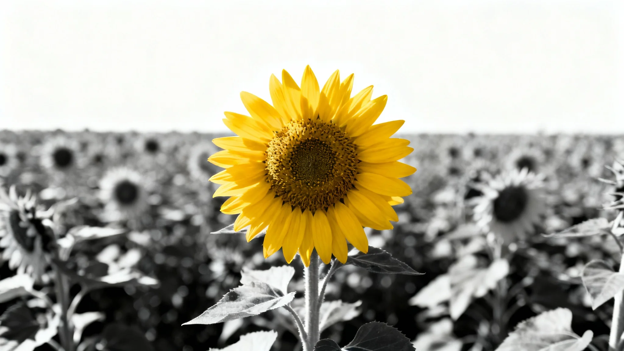A conceptual image representing cropping, featuring a single, brightly colored and detailed sunflower in the center, while the surrounding field is blurred and in black and white to emphasize the focal point.