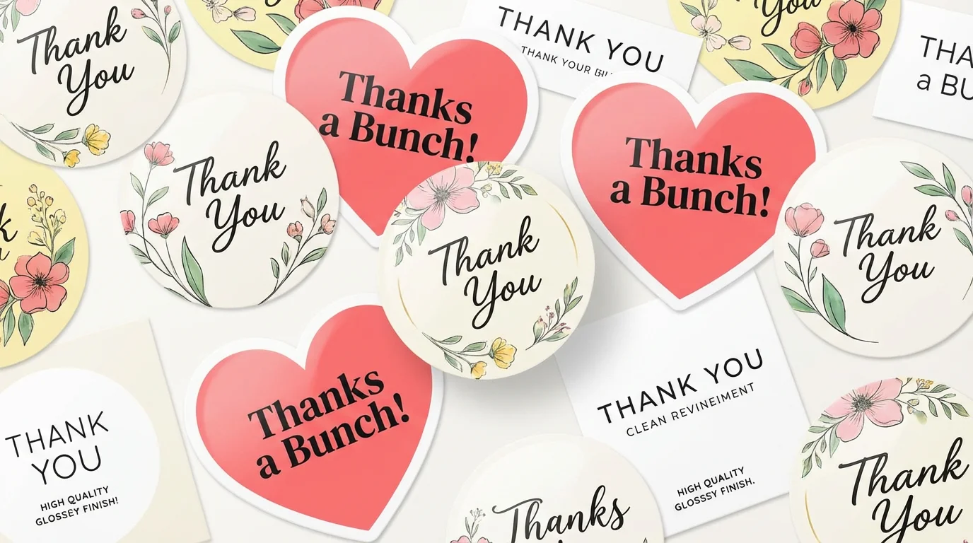 A vibrant collection of professionally designed thank you stickers in various shapes and styles, artfully arranged on a clean background to showcase the final product of a design tool.