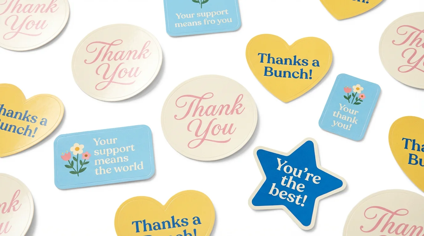 A collection of colorful and modern thank you stickers in various shapes, including a circle, heart, and star, with appreciative messages, displayed on a clean white background.