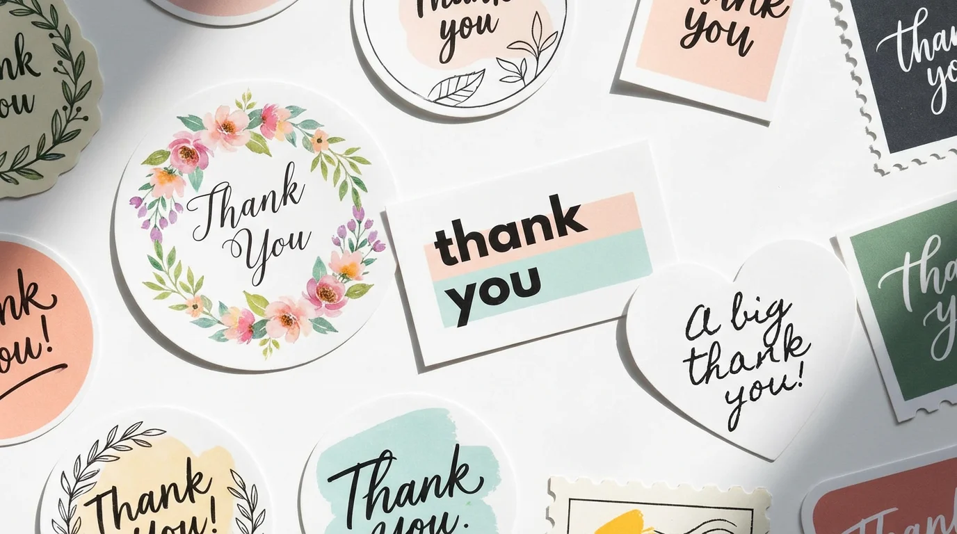 A flat lay image of various 'Thank You' stickers in different shapes like circles and hearts, featuring floral and minimalist designs on a clean white background.