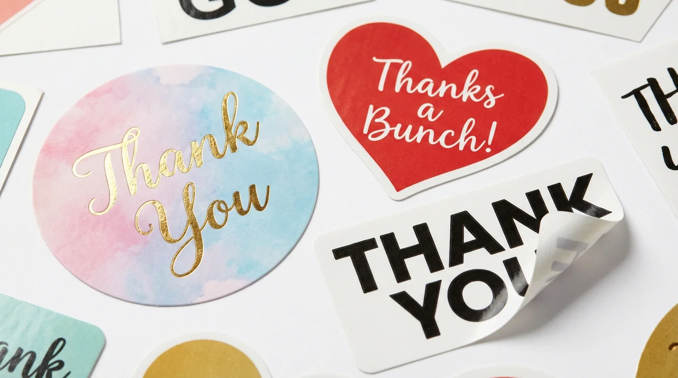 A collection of professionally designed thank you stickers in various shapes and styles, including circular, heart-shaped, and rectangular, displayed on a clean white background.