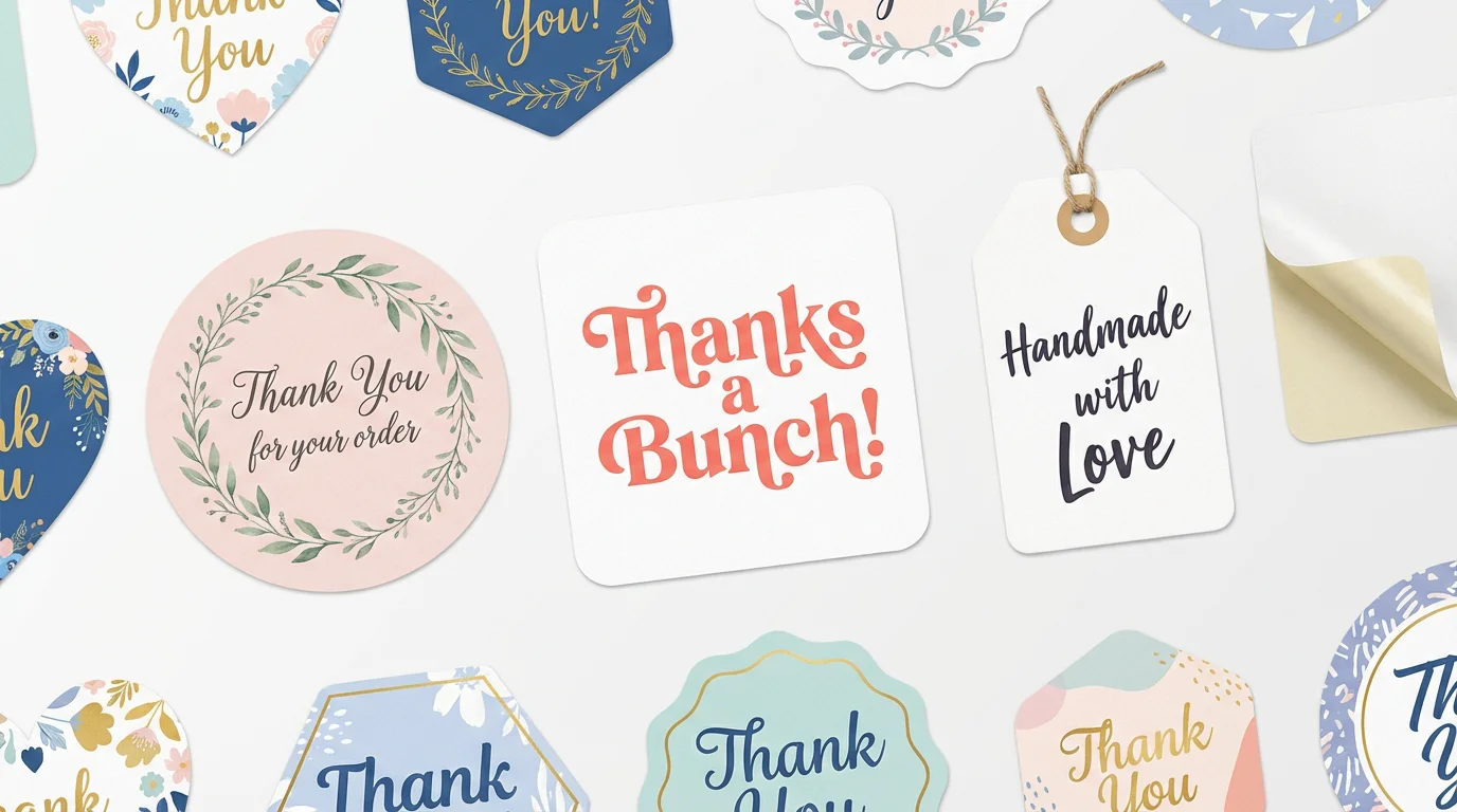 A collection of beautifully designed 'Thank You' stickers in various shapes and colors, including pink, coral, and white, arranged neatly on a clean white background.