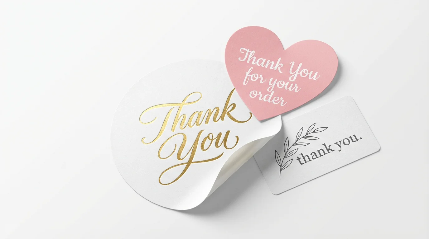 A collection of beautifully designed thank you stickers in various shapes and colors, featuring messages like 'Thank You', scattered on a clean white background.