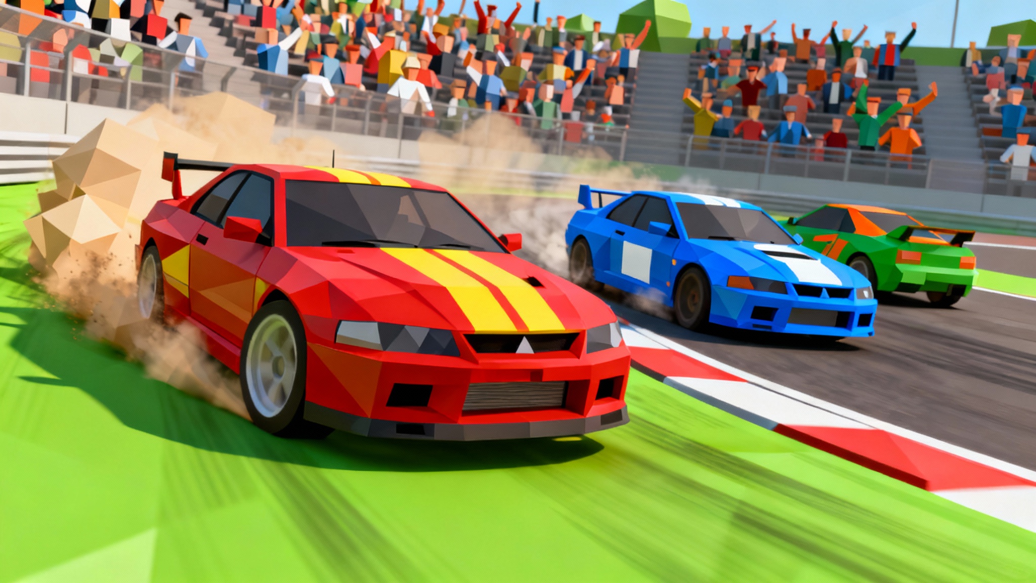 A dynamic low-poly 3D render of a car race. A red and yellow car drifts around a corner in the lead, with blue and green cars racing closely behind on a vibrant track.