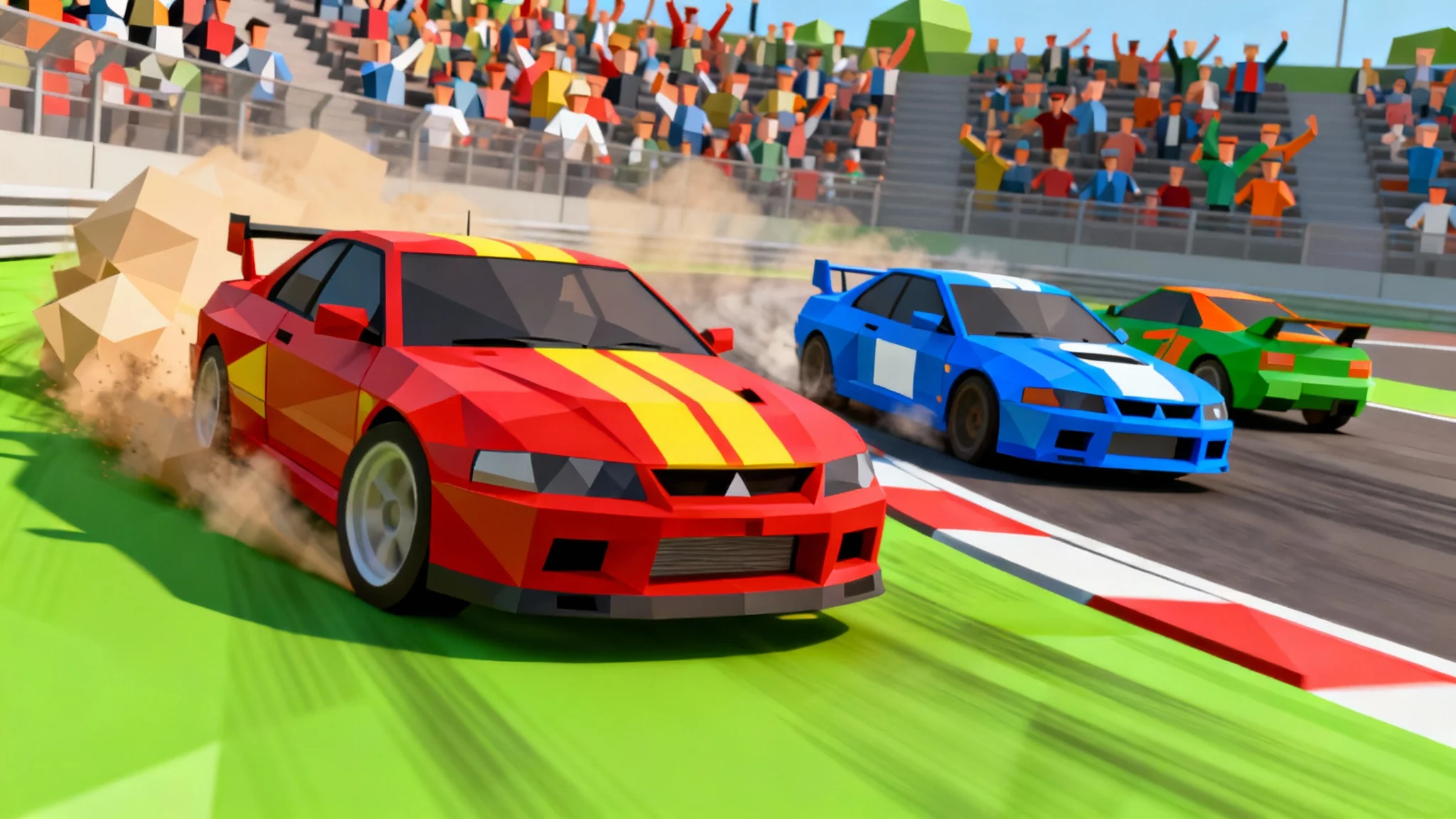 A dynamic low-poly 3D render of a car race. A red and yellow car drifts around a corner in the lead, with blue and green cars racing closely behind on a vibrant track.