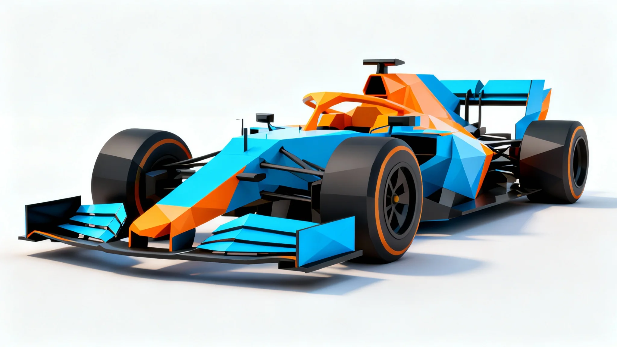 A stylized, low poly racing car with a geometric, faceted design in blue, orange, and black, presented in a studio setting against a plain white background.