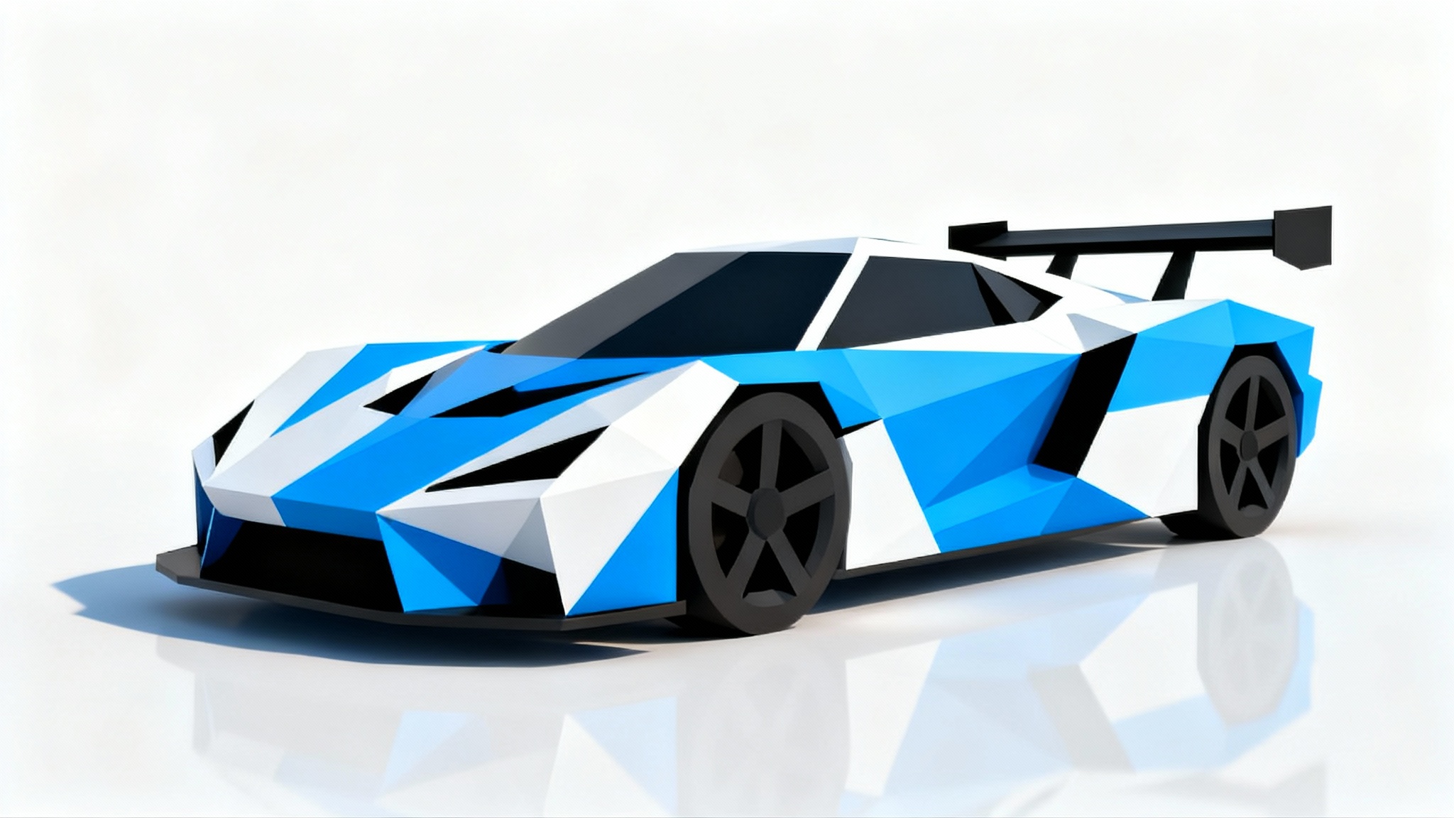A stylized, low poly racing car in bright blue and white, depicted from a three-quarter angle against a solid white background.