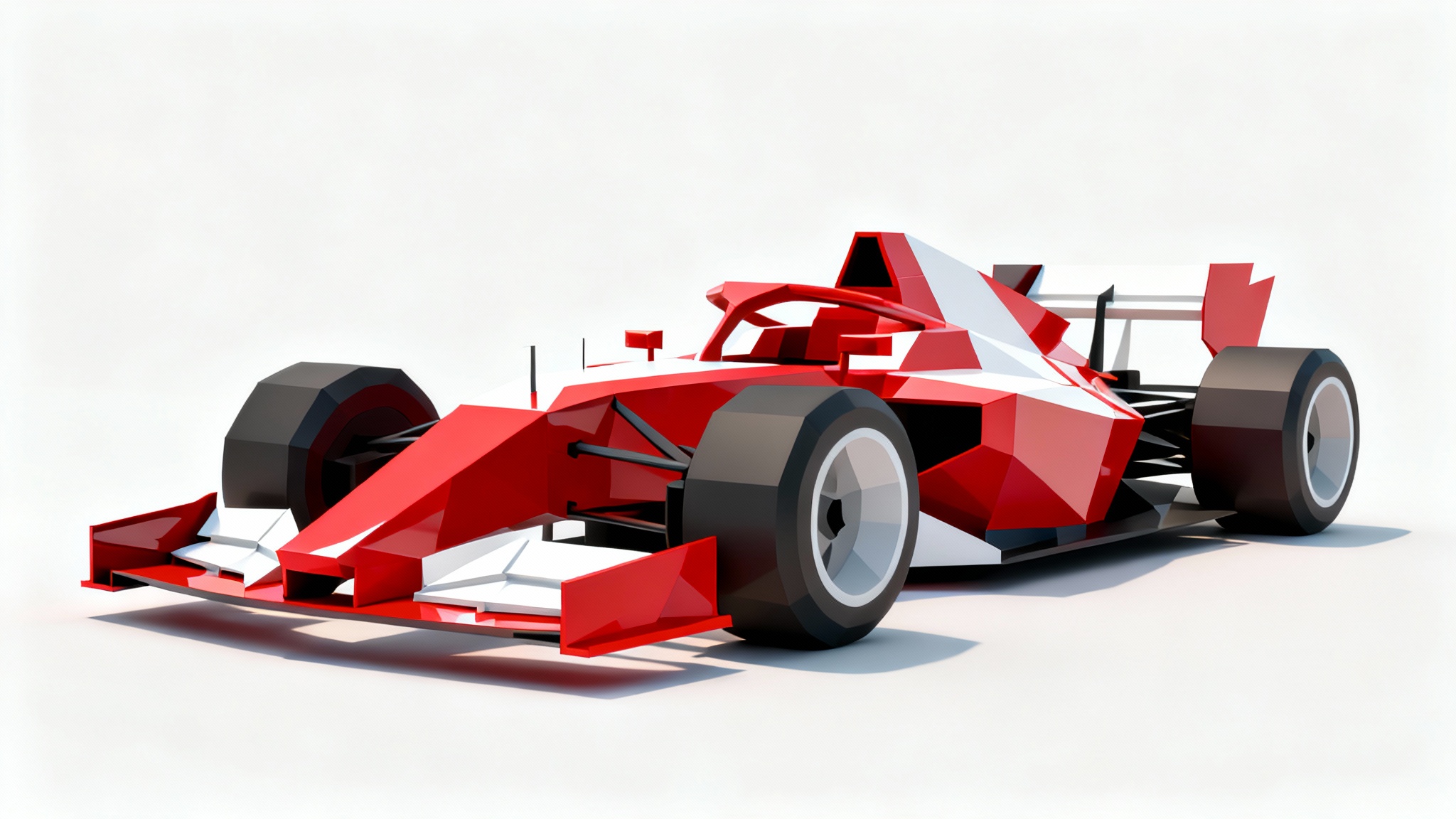 A modern, low poly style racing car in glossy red and white, shown from a dynamic three-quarter angle against a clean white background, highlighting its geometric design.