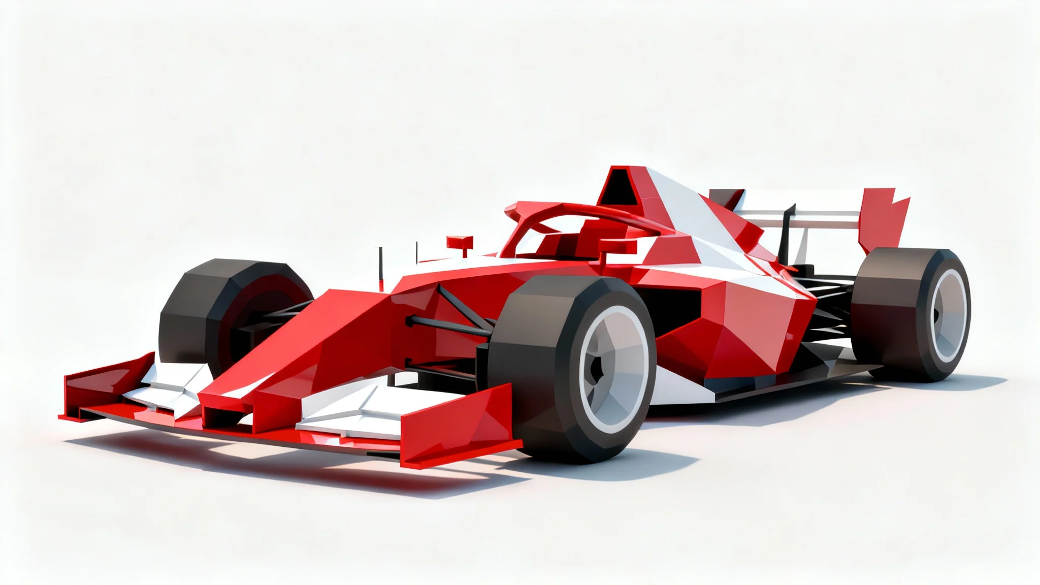 A modern, low poly style racing car in glossy red and white, shown from a dynamic three-quarter angle against a clean white background, highlighting its geometric design.