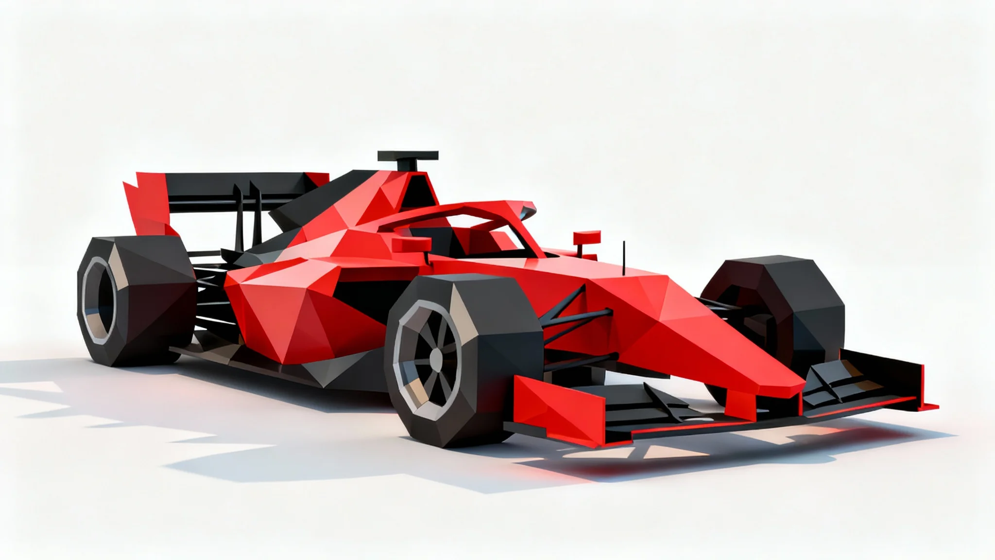 A vibrant red and black racing car designed in a low poly, geometric art style, showcased against a plain white background.