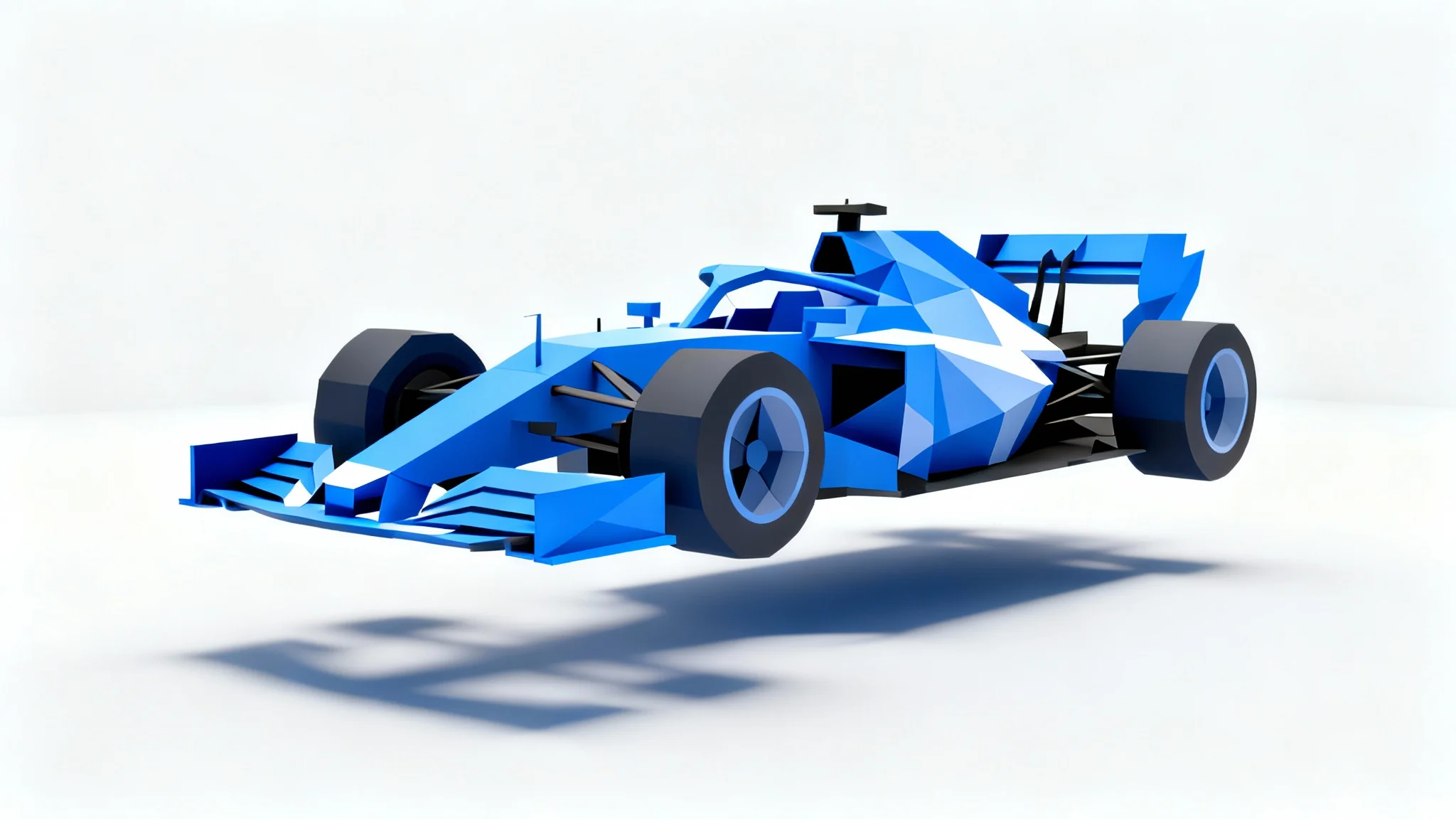 A stylized, low-polygon racing car in vibrant blue and white, showcased in a 3D render against a clean white background.