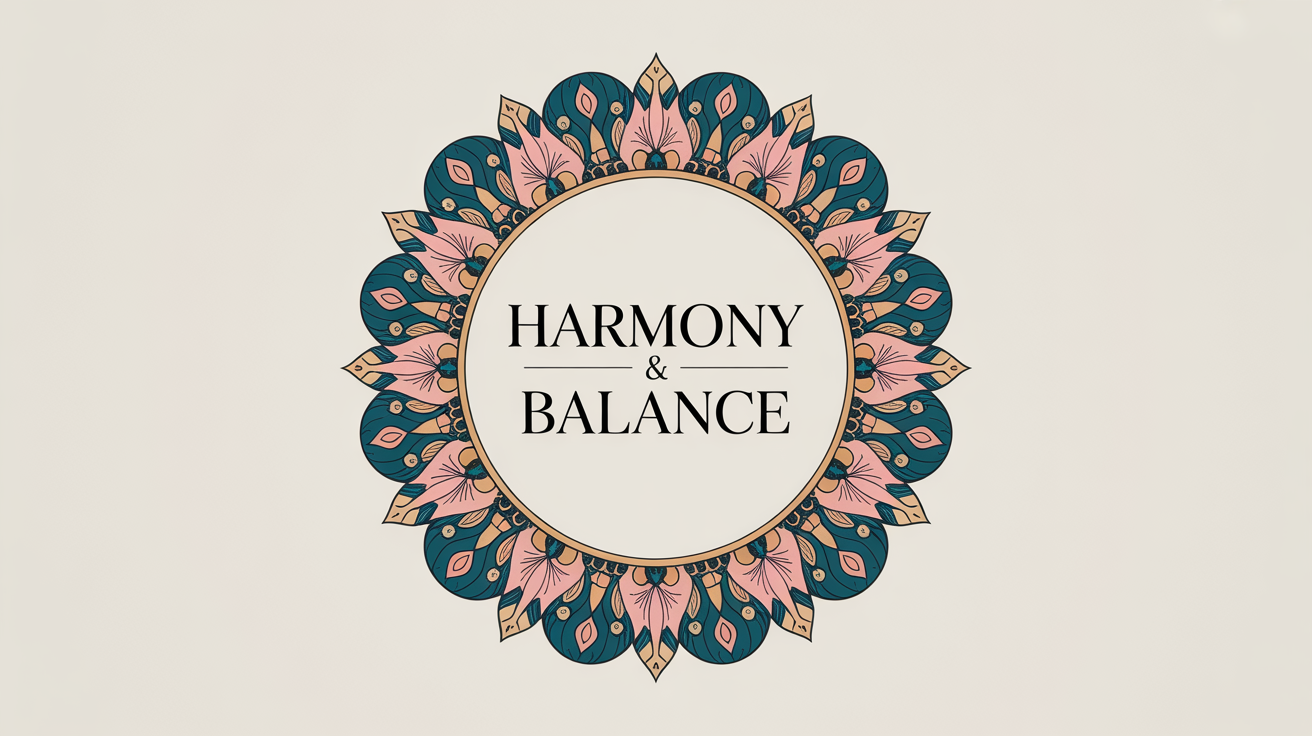 A professionally designed image featuring an intricate, colorful mandala border in teal, gold, and pink, framing the text 'Harmony & Balance' in the center on a clean background.