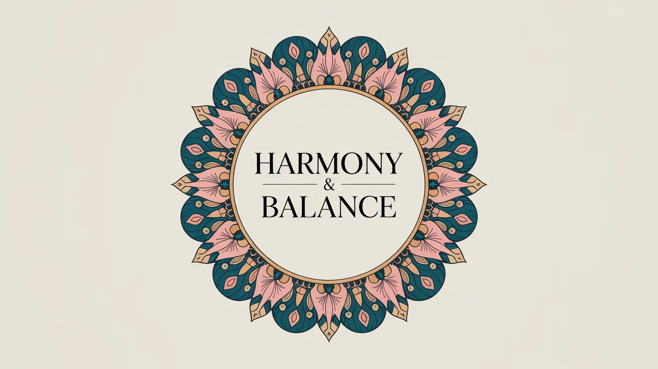A professionally designed image featuring an intricate, colorful mandala border in teal, gold, and pink, framing the text 'Harmony & Balance' in the center on a clean background.
