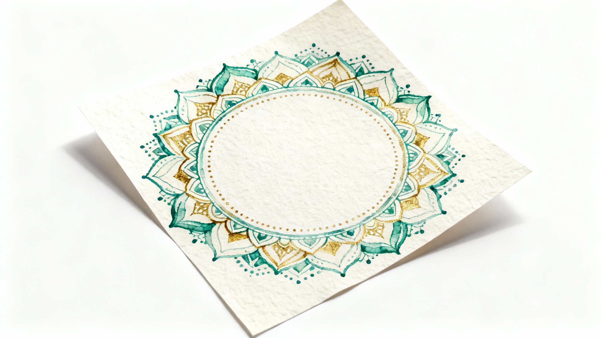 An intricate, circular mandala border hand-drawn in teal, gold, and cream on a piece of textured white paper, with a blank center. The image is taken from a top-down perspective.