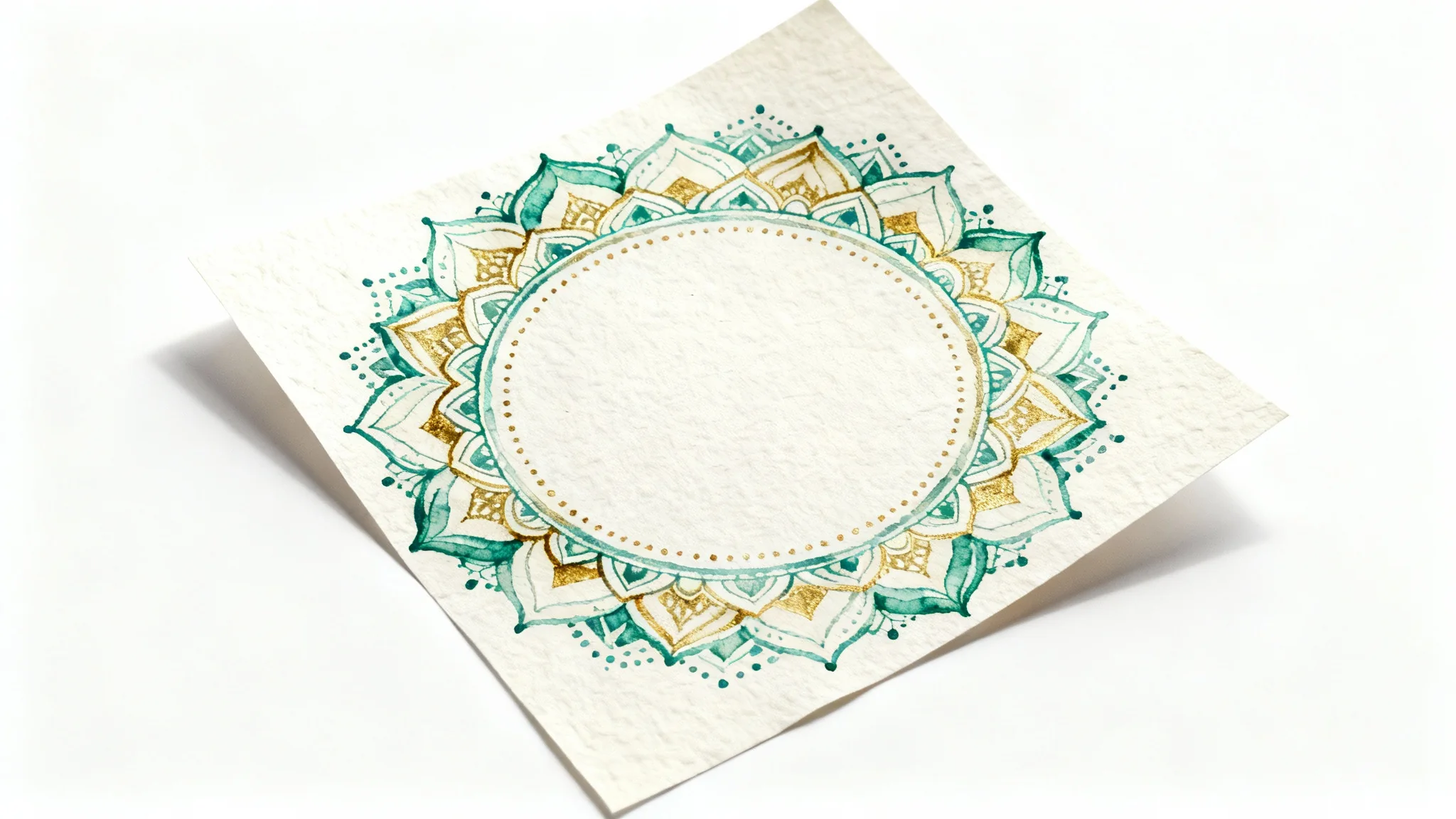 An intricate, circular mandala border hand-drawn in teal, gold, and cream on a piece of textured white paper, with a blank center. The image is taken from a top-down perspective.