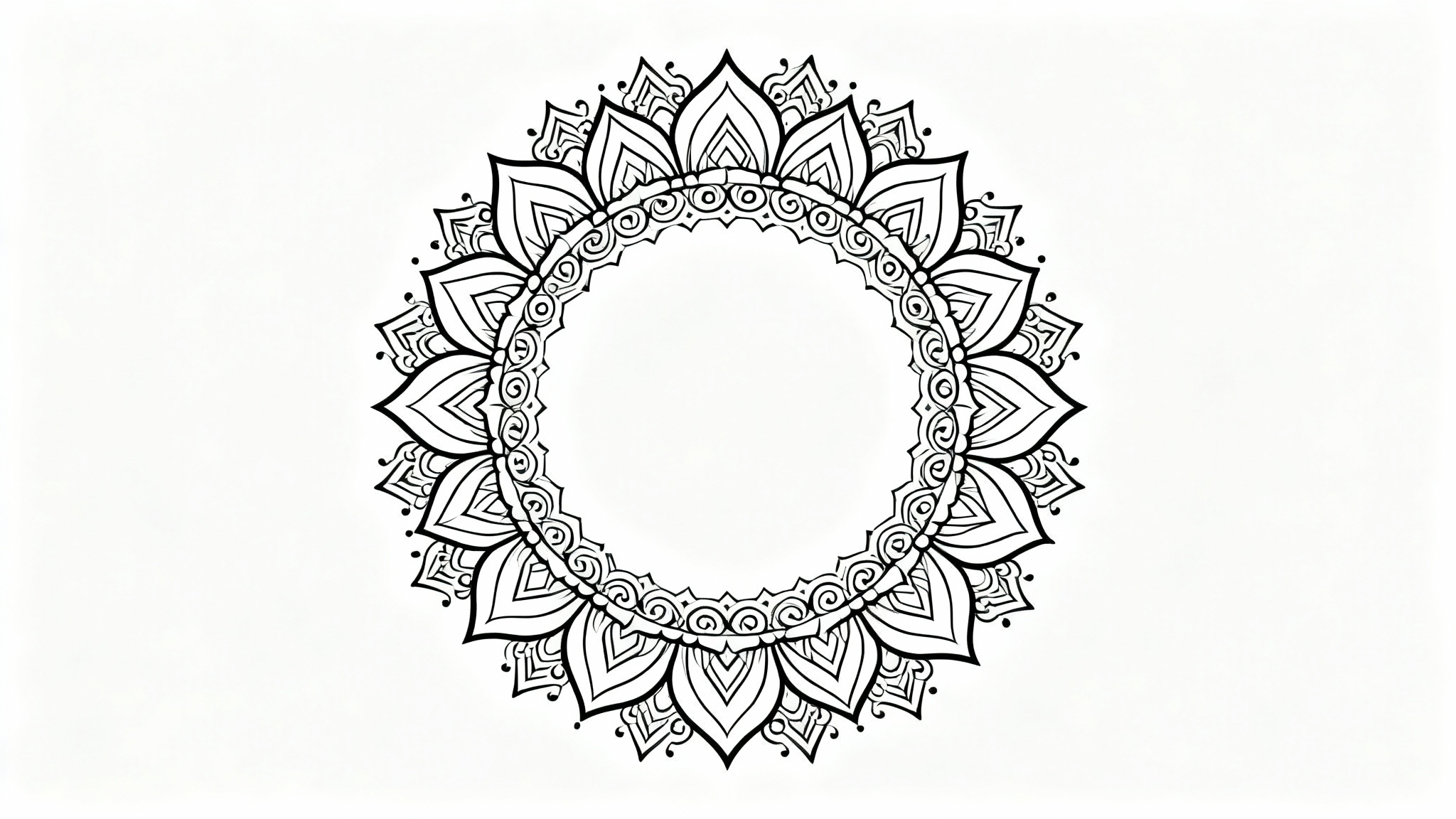 An intricate, black and white circular mandala border design with detailed geometric and floral patterns, displayed on a clean white background.