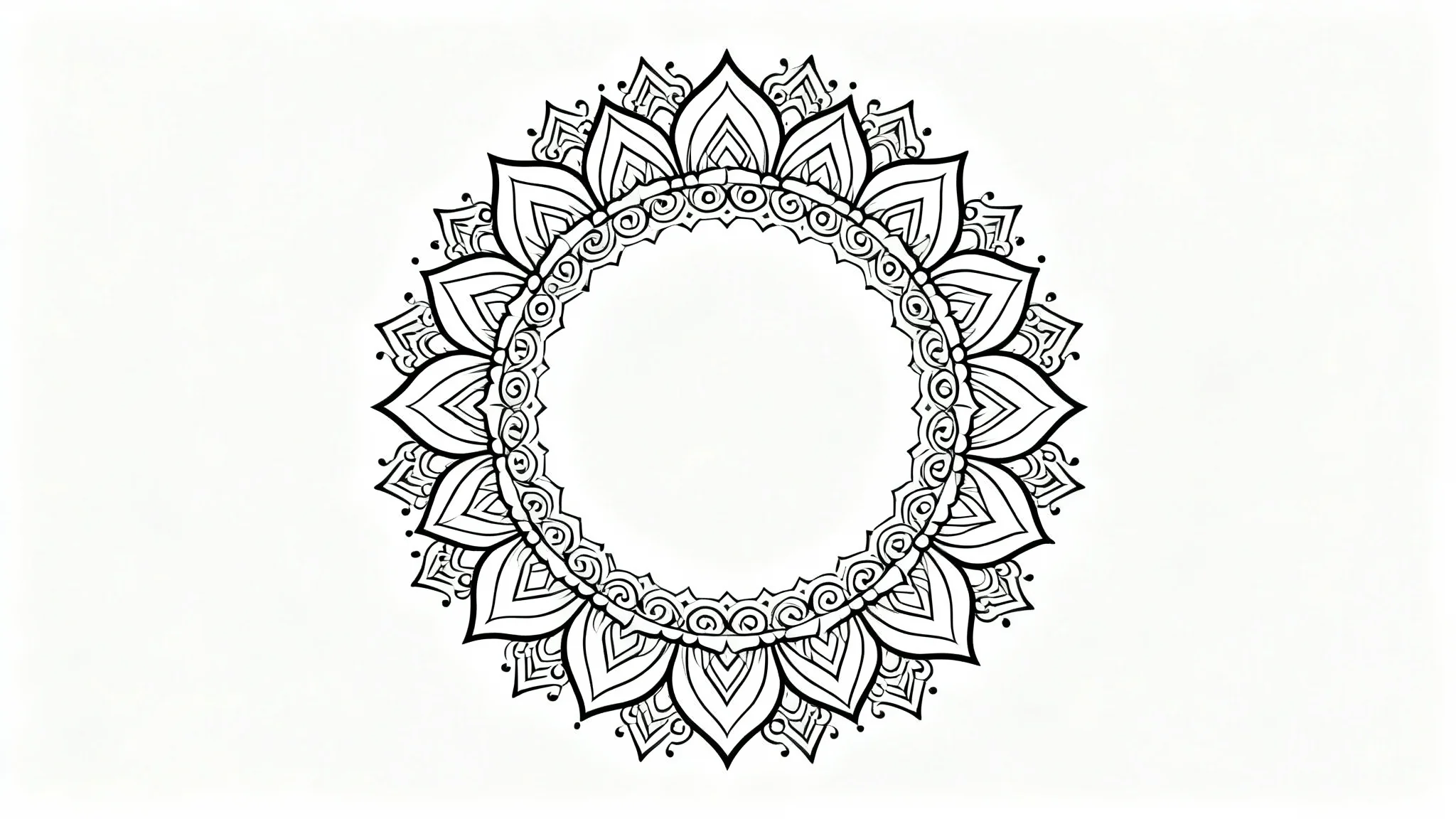 An intricate, black and white circular mandala border design with detailed geometric and floral patterns, displayed on a clean white background.