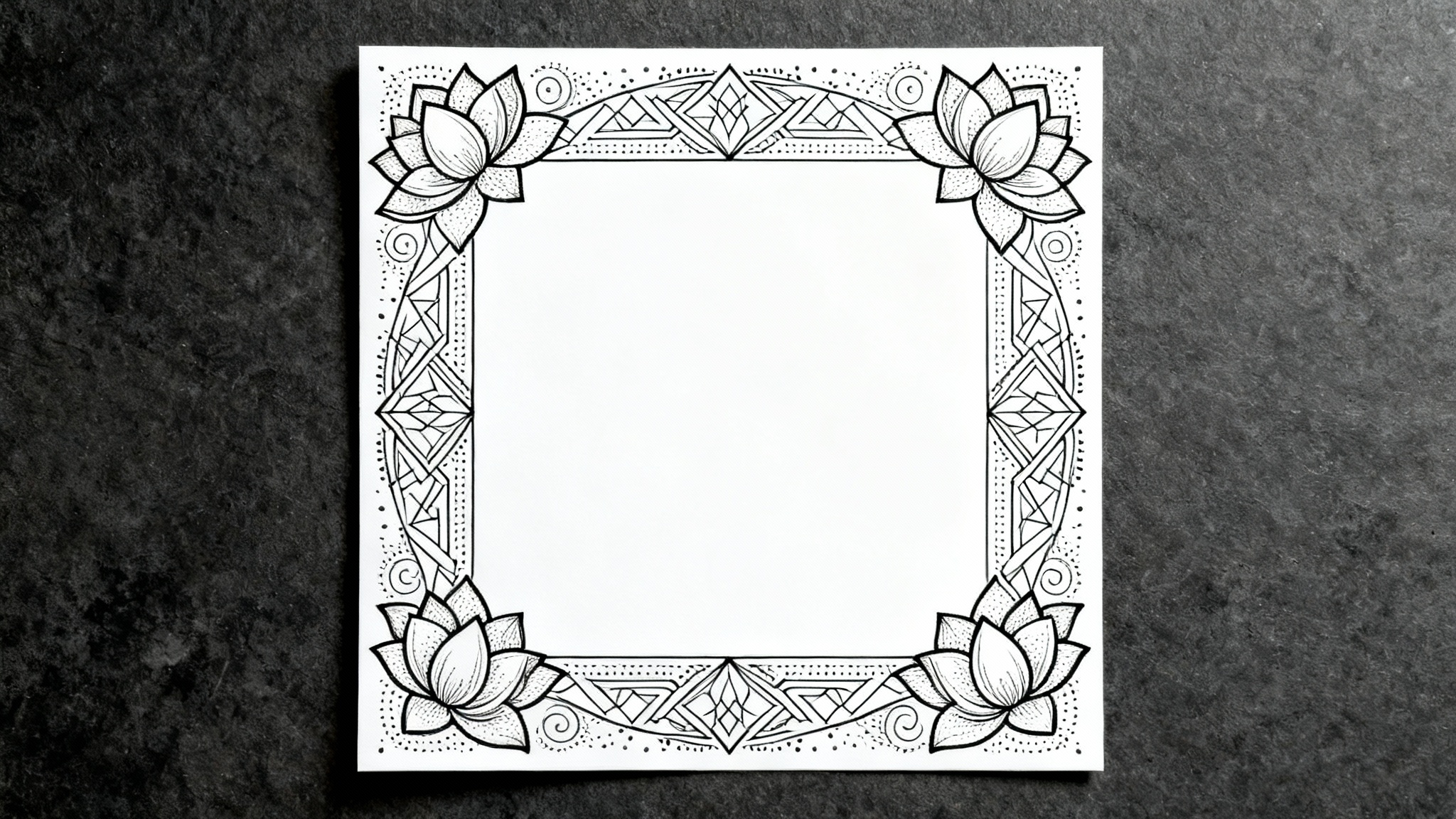 An intricate, symmetrical mandala border design in black and white, forming a square frame on a clean white background, highlighting its detailed geometric and floral patterns.