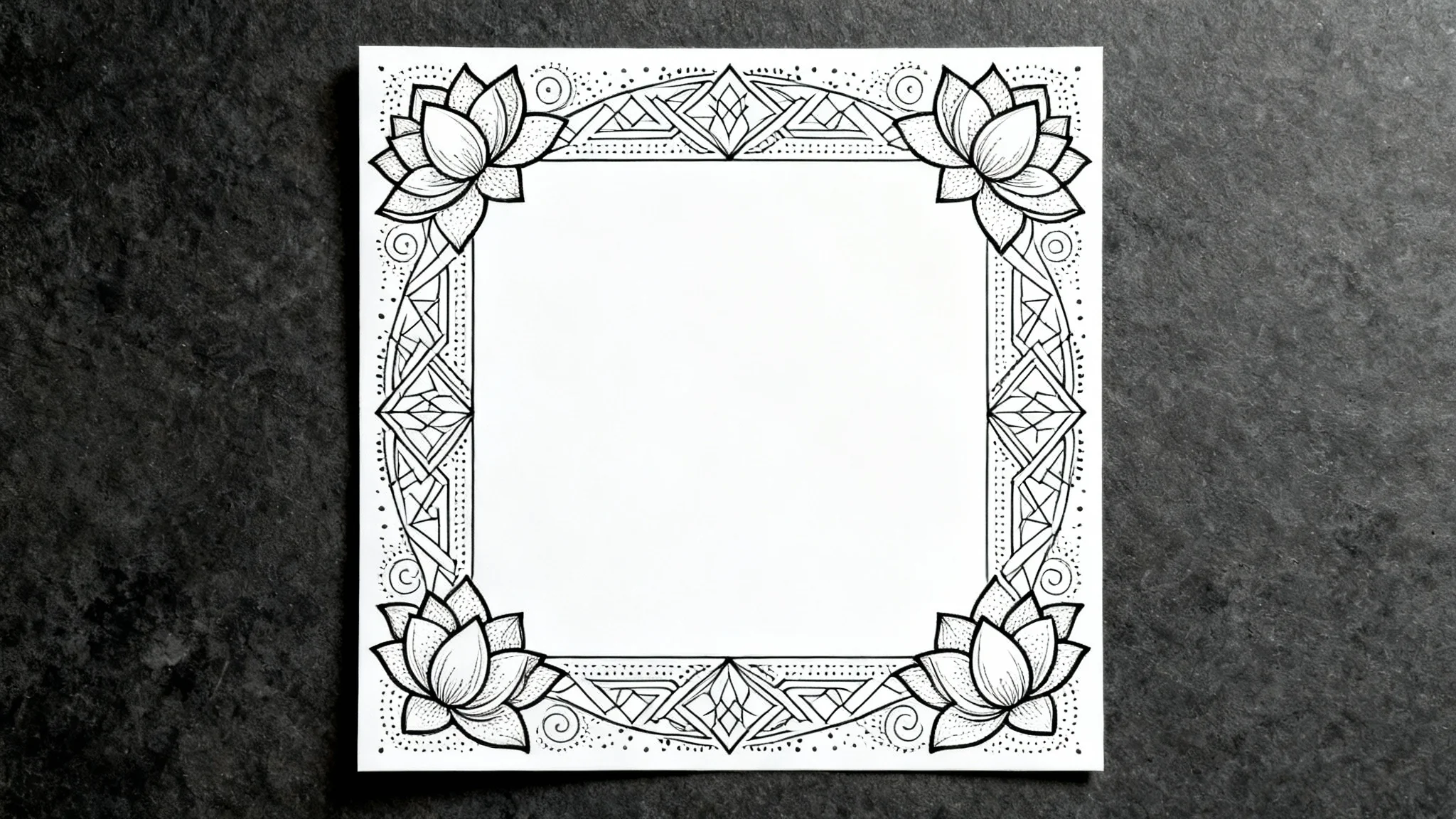 An intricate, symmetrical mandala border design in black and white, forming a square frame on a clean white background, highlighting its detailed geometric and floral patterns.