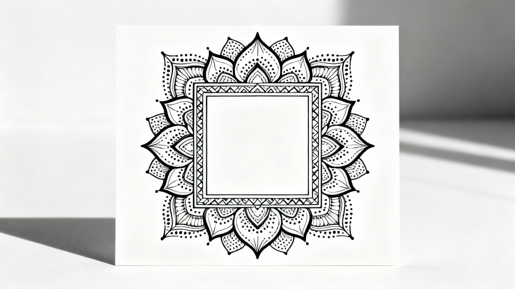 An intricate, symmetrical mandala border design in black ink on a clean white background, framing an empty central space.