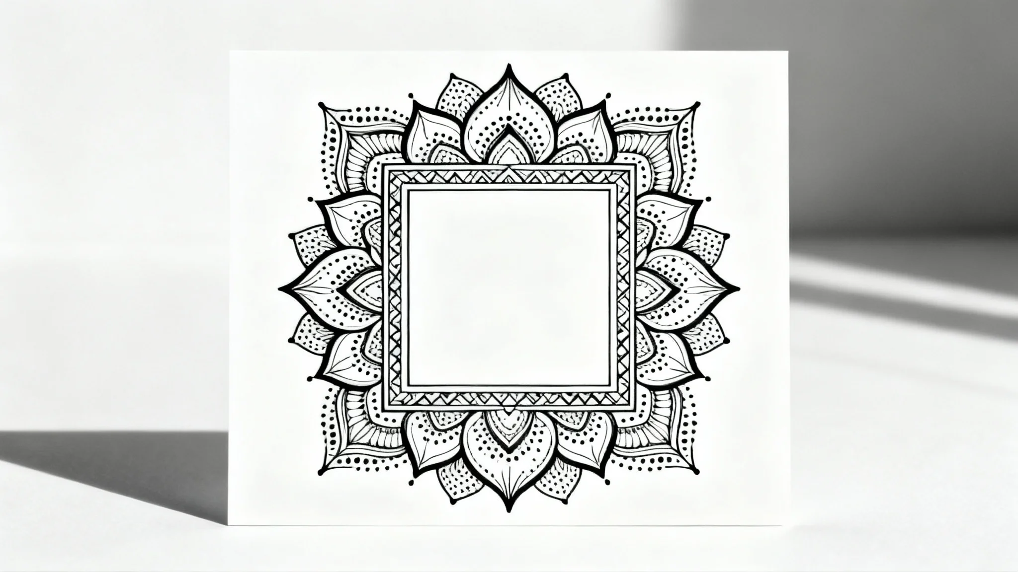 An intricate, symmetrical mandala border design in black ink on a clean white background, framing an empty central space.