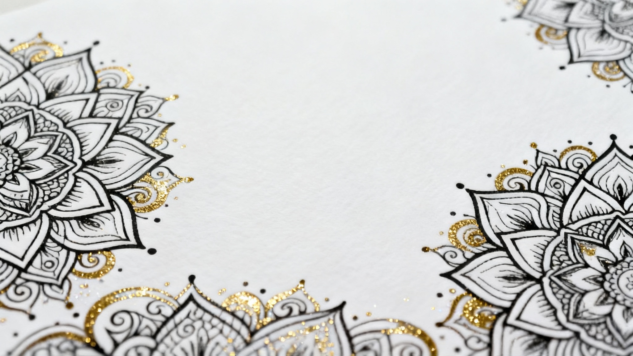 An elegant mockup of a decorative border with intricate black and gold mandala patterns on a white background, creating a sophisticated frame.
