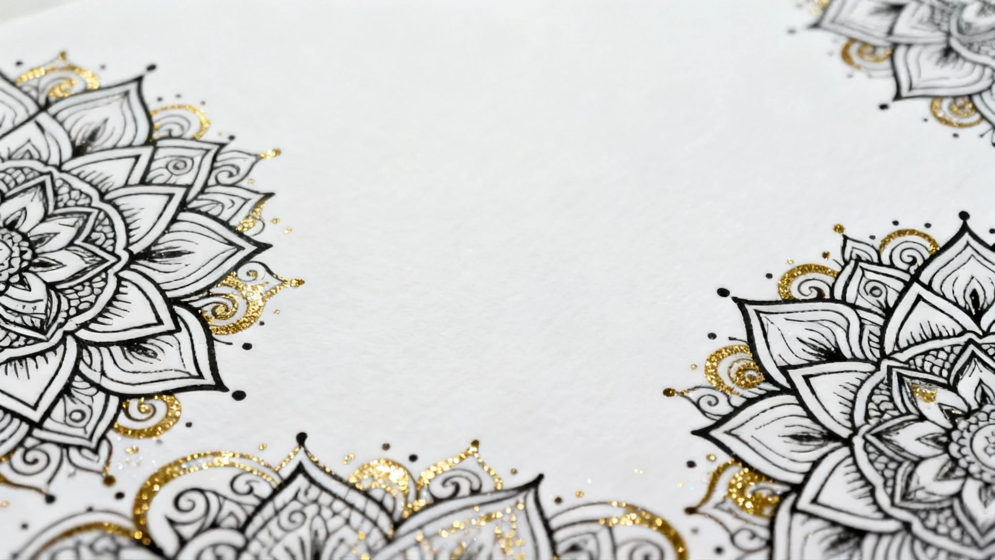 An elegant mockup of a decorative border with intricate black and gold mandala patterns on a white background, creating a sophisticated frame.