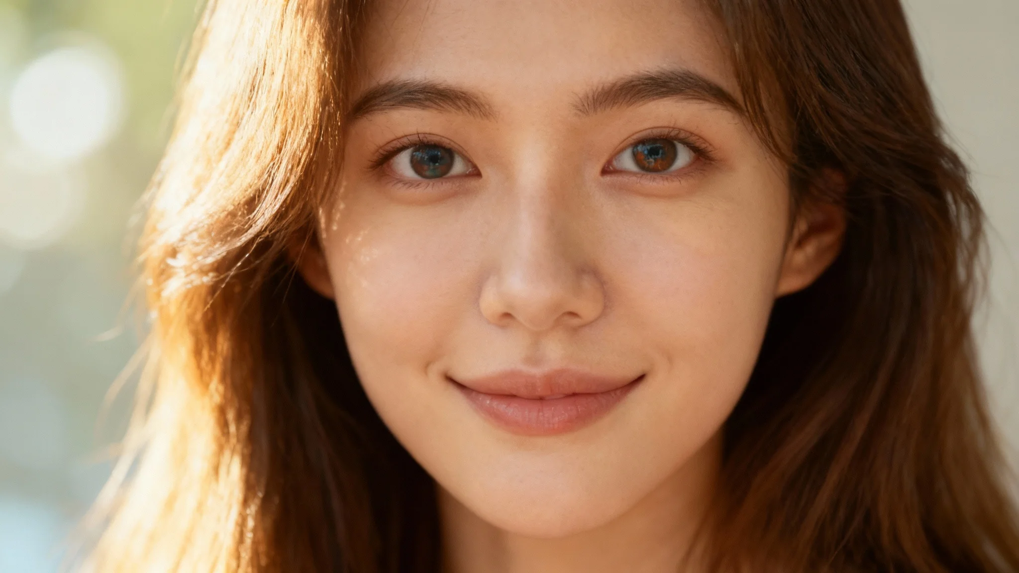 A hyperrealistic, cinematic close-up of a young woman's face. Her eyes are wide open and strikingly clear, looking directly at the camera, representing the final result of an eye-opening effect.