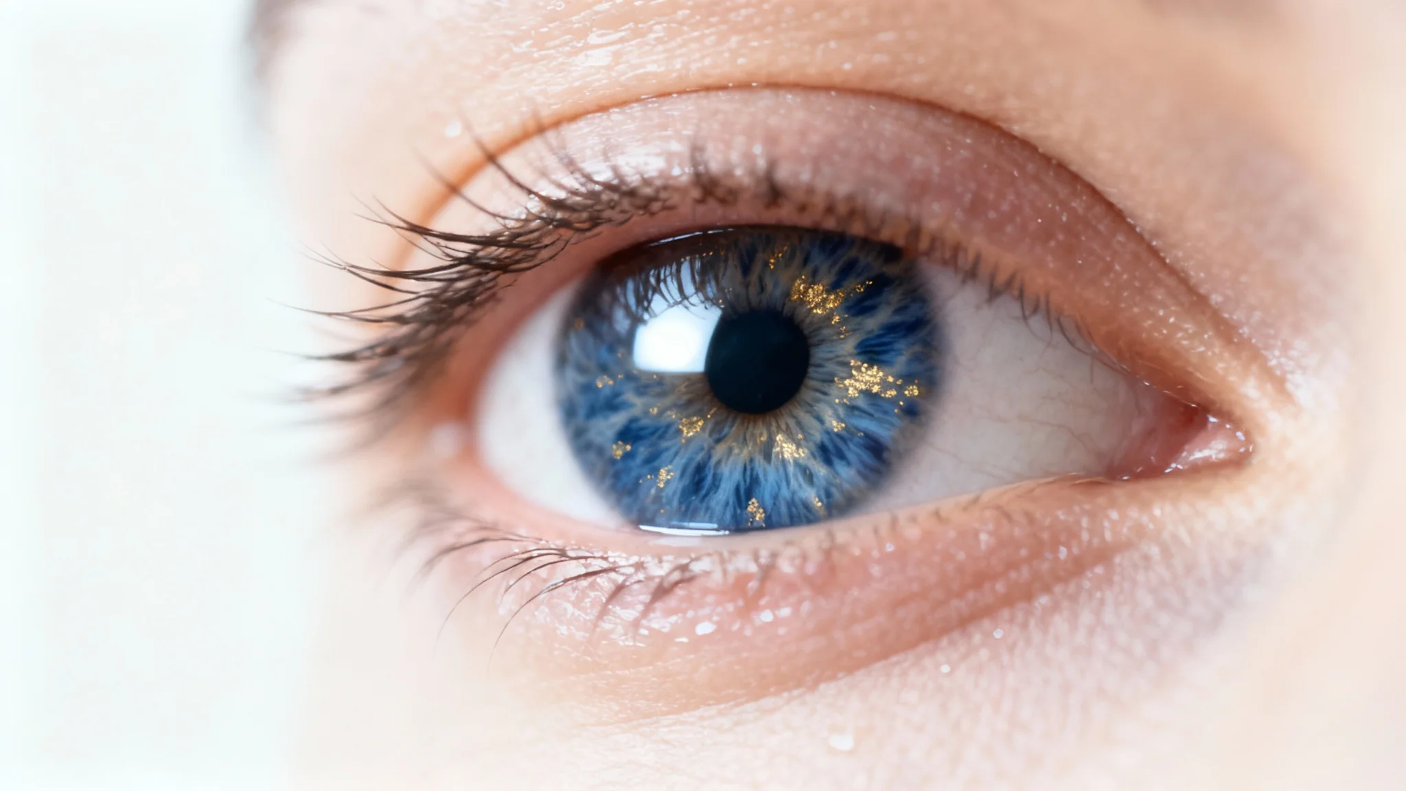 A hyper-realistic, extreme close-up of a human eye opening. The iris is a detailed blue and gold, and the eyelashes are in sharp focus against a pure white background, symbolizing awakening.
