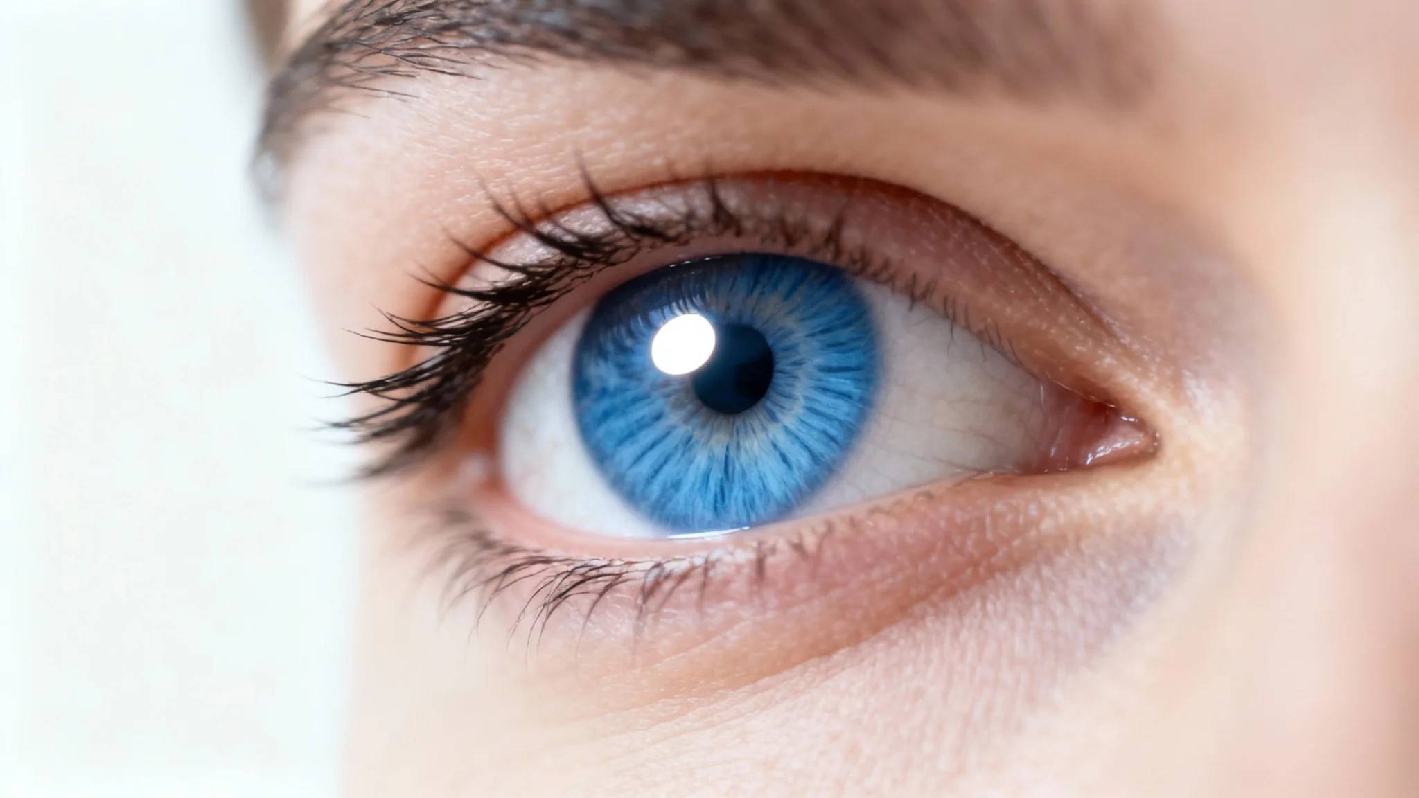 A hyper-realistic macro shot of a human eye opening, with a bright blue iris and a single light reflection, set against a plain white background.
