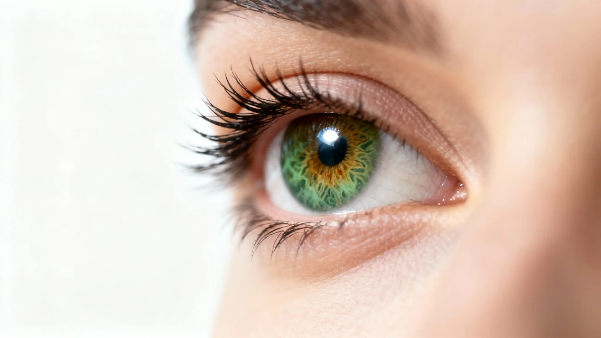 A photorealistic macro shot of a human eye in the middle of opening, symbolizing a transition or awakening, against a plain white background.