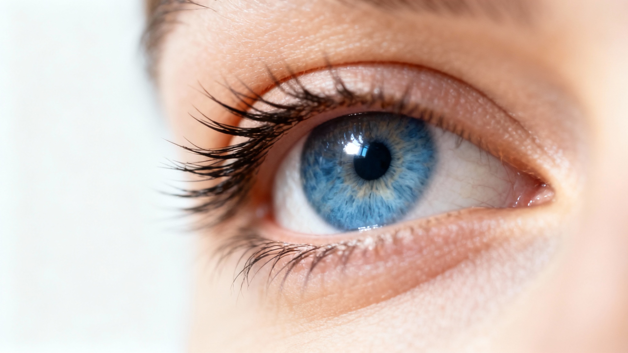 A hyper-realistic, extreme close-up of a human eye partially opening, with light reflecting in the detailed blue iris, symbolizing an awakening or transition. The background is white.