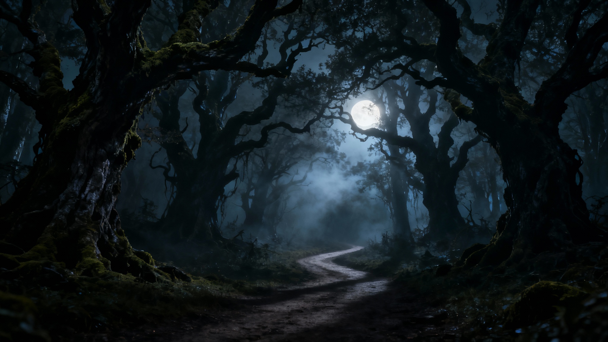 A wide-angle view of a spooky, foggy forest at night, representing a generated haunted forest background. Twisted trees and a mysterious path are visible through the mist.