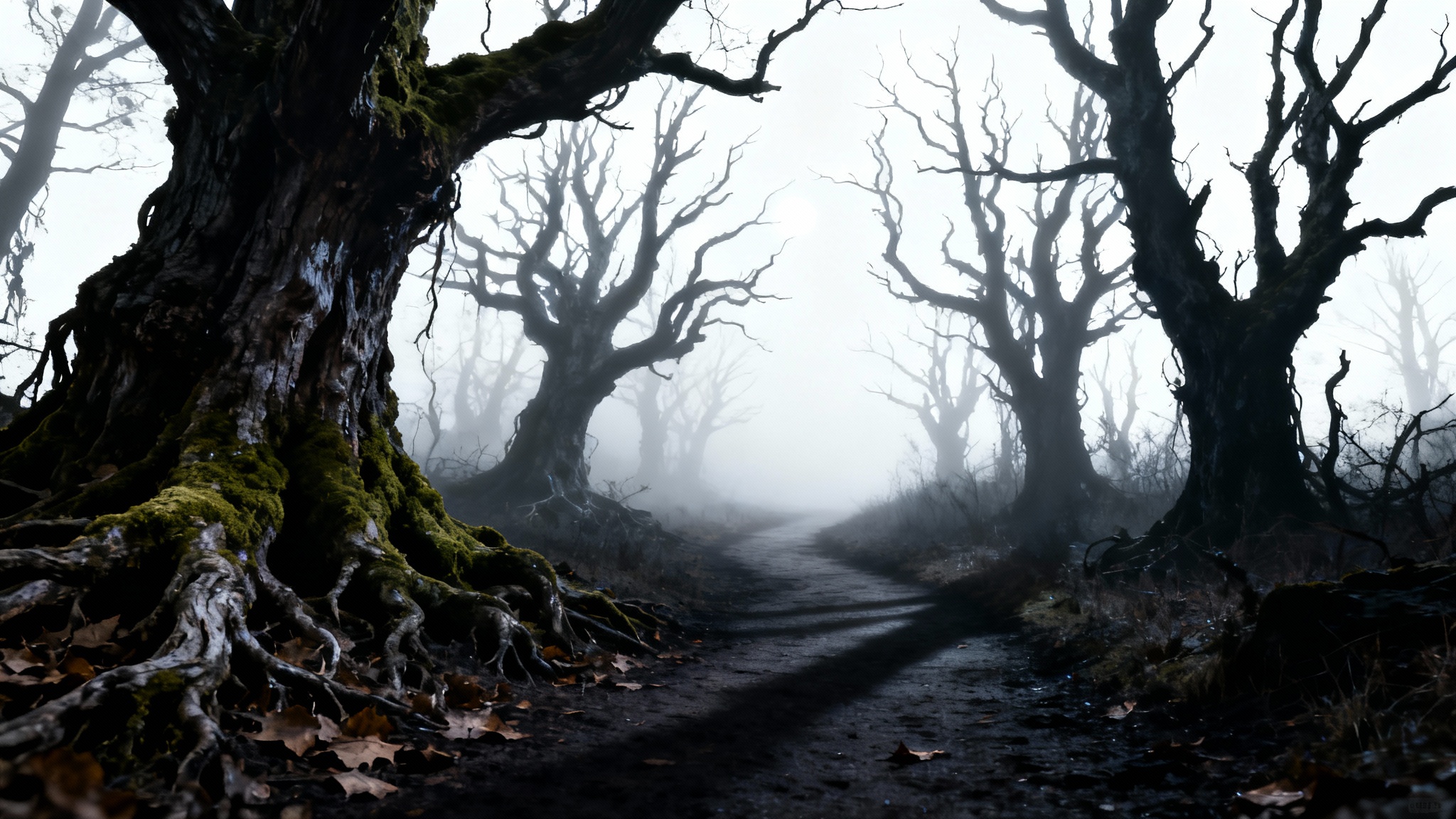 A spooky, photorealistic image of a path winding into a dark, foggy haunted forest under the pale light of a full moon.