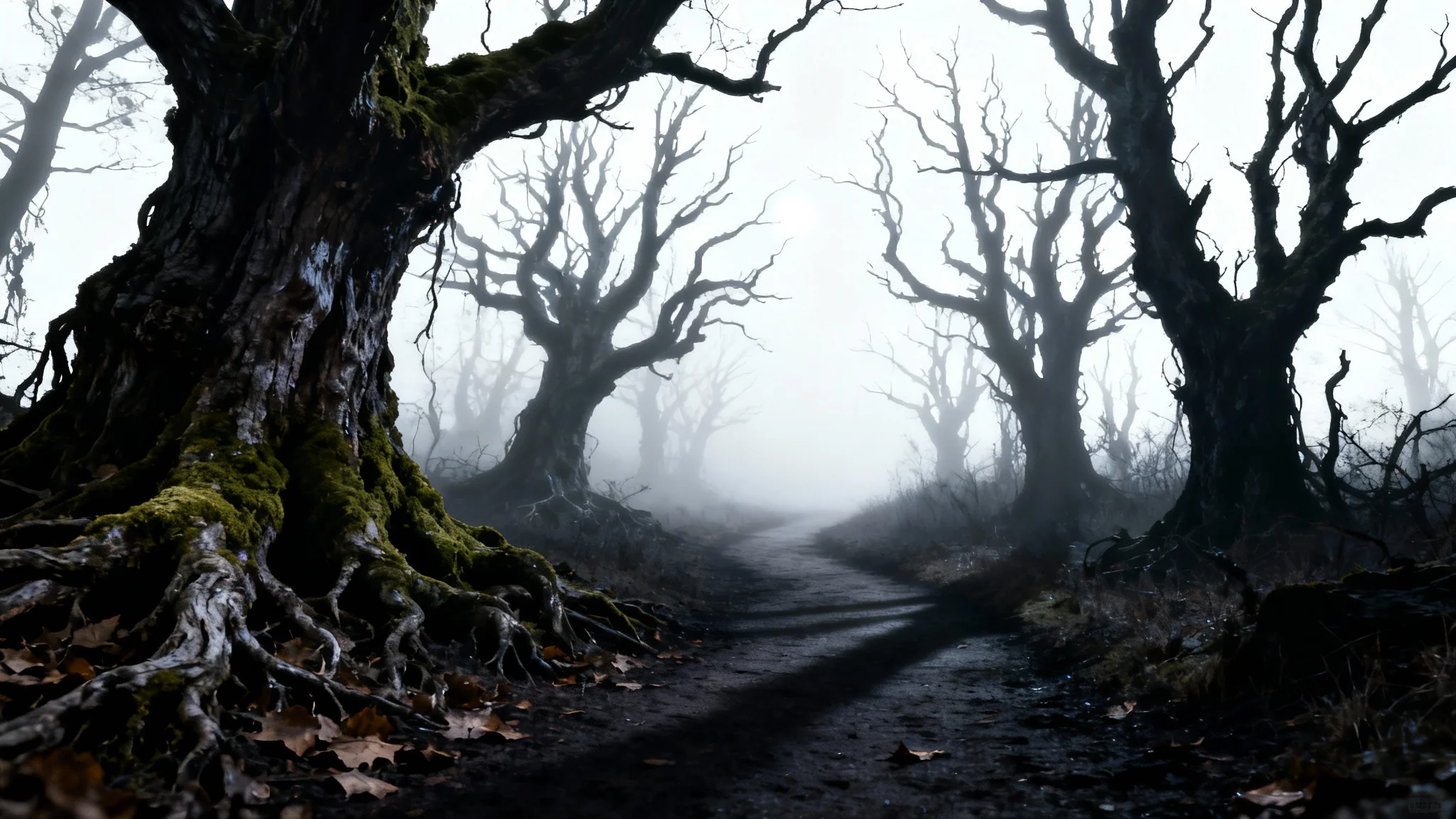 A spooky, photorealistic image of a path winding into a dark, foggy haunted forest under the pale light of a full moon.
